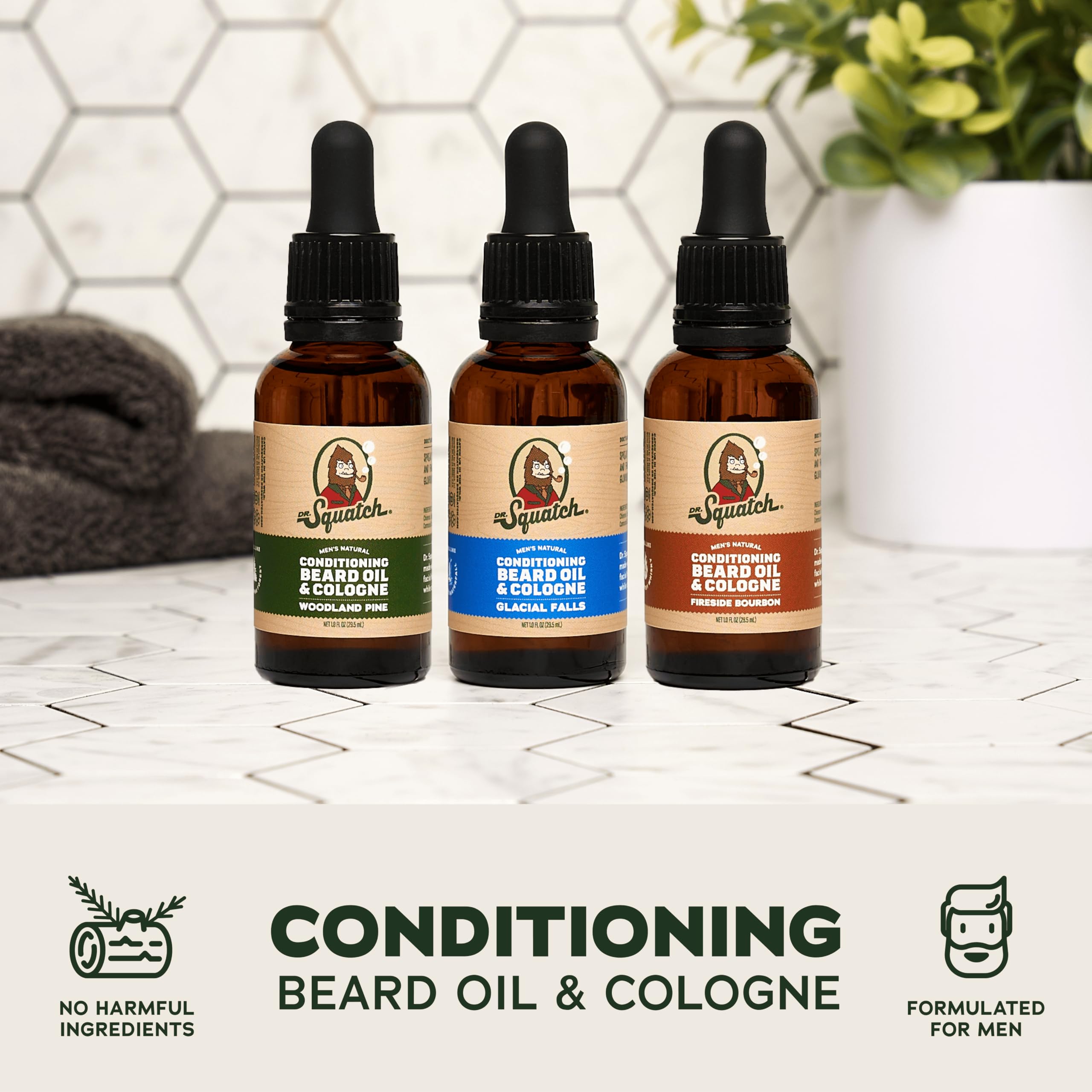 Dr. Squatch 3-pack packaging box showcases natural, paraben-free beard care.