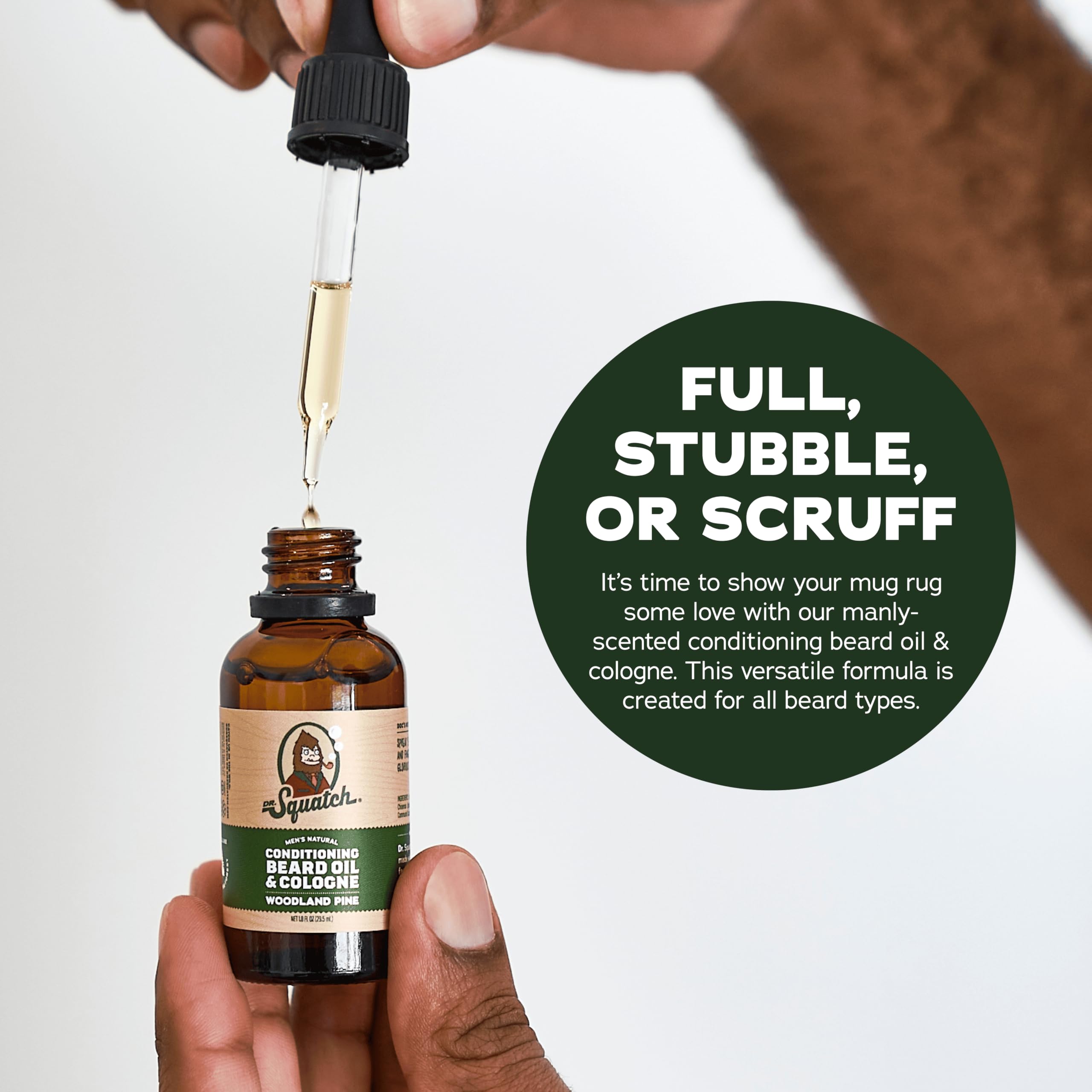 Dr. Squatch Conditioning Beard Oil woodland pine bottle side highlights rugged, fresh scent.