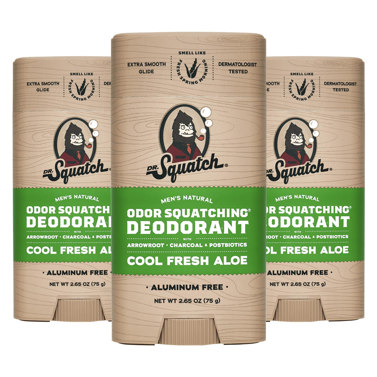 Dr. Squatch Cool Fresh Aloe deodorant bottle shows aluminum-free protection for daily wear