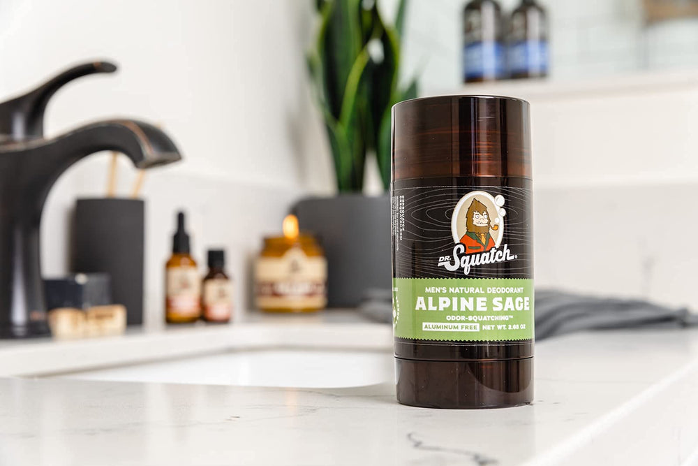 Dr. Squatch Alpine Sage deodorant application on skin after shower for daily use.