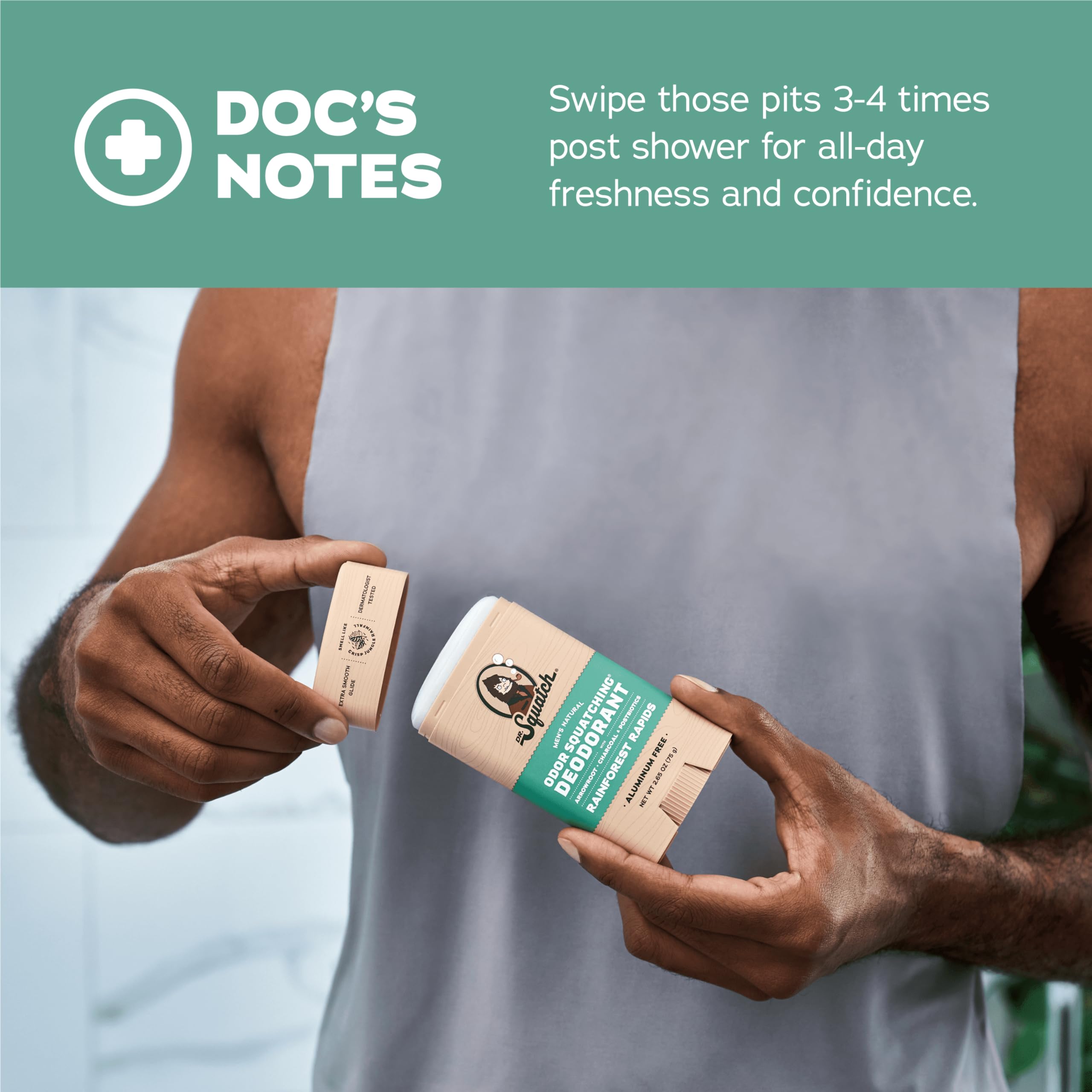 Dr. Squatch deodorant application swipes demonstrating post-shower use