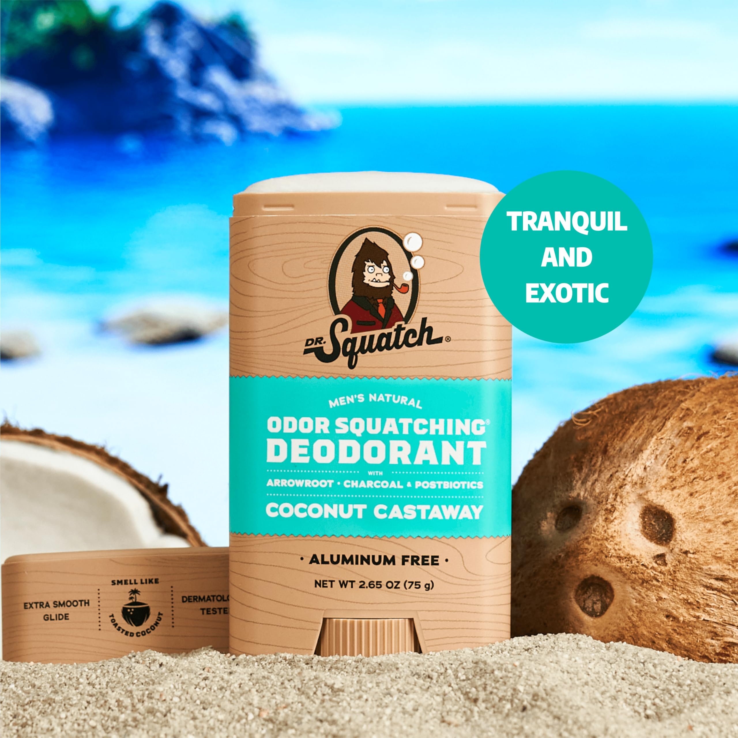 Dr. Squatch Coconut Castaway apply image demonstrates quick 3-4 swipe usage after shower.