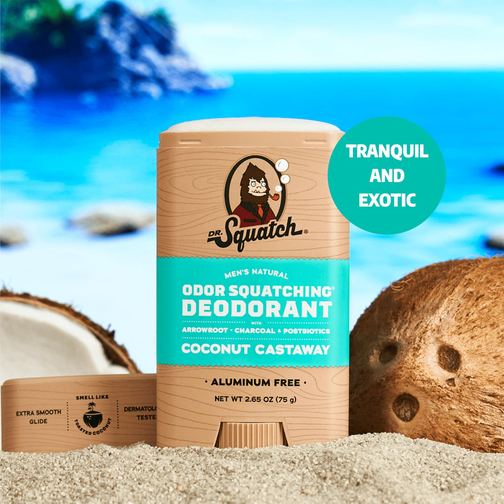 Dr. Squatch Coconut Castaway apply image demonstrates quick 3-4 swipe usage after shower.