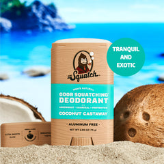Dr. Squatch Coconut Castaway apply image demonstrates quick 3-4 swipe usage after shower.