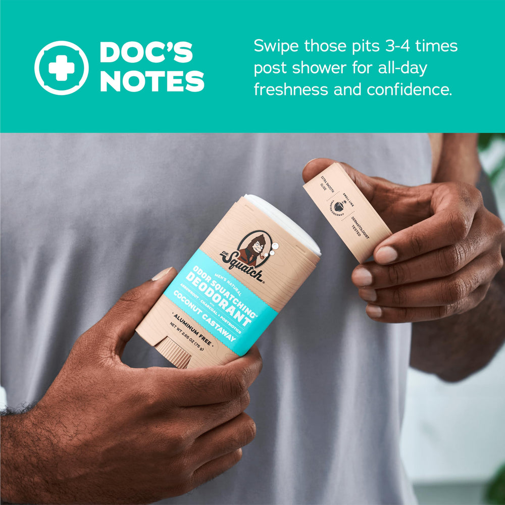 Dr. Squatch Coconut Castaway ingredients panel highlights arrowroot, charcoal, postbiotics for natural protection.