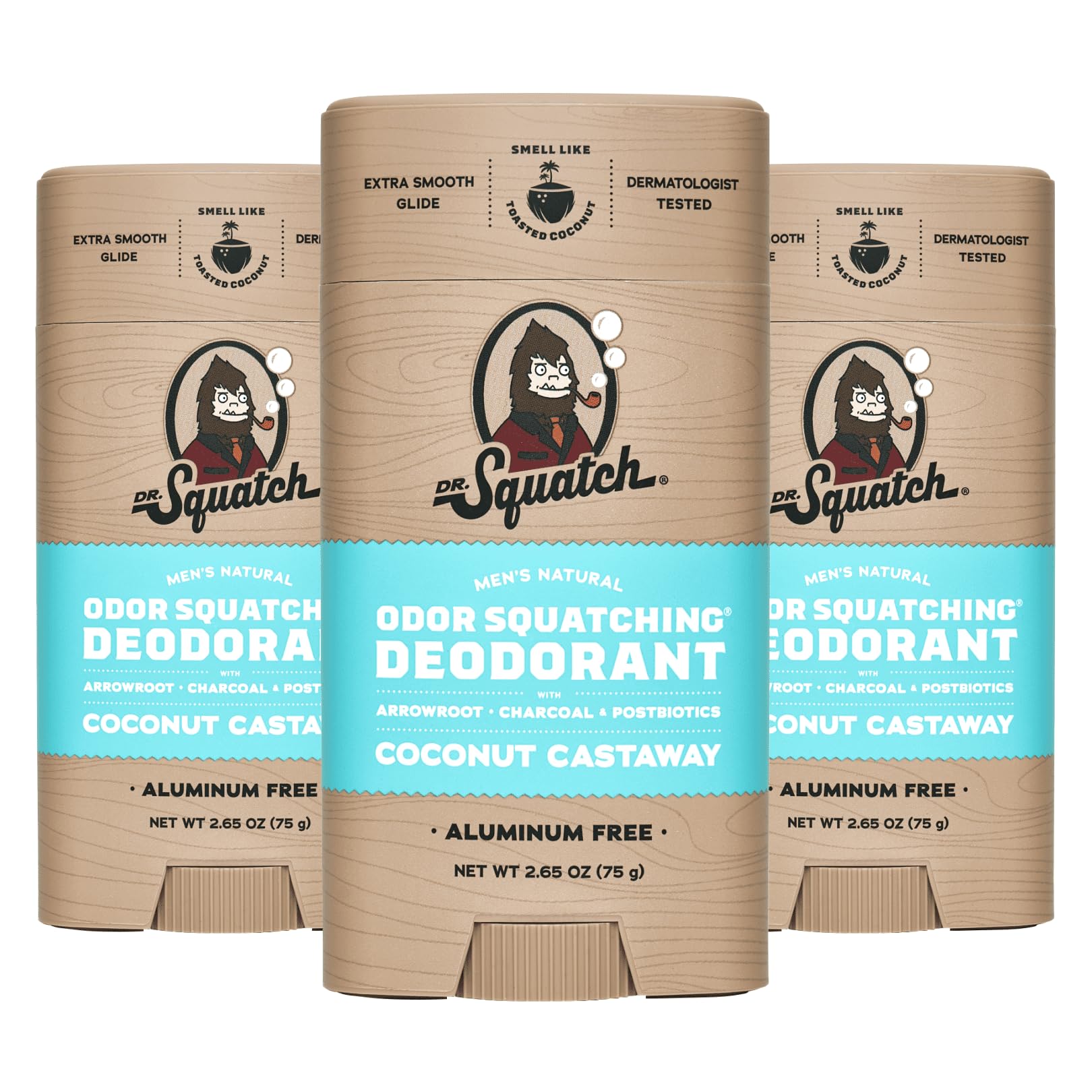 Dr. Squatch Coconut Castaway packaging shows three aluminum-free sticks for convenient daily use.
