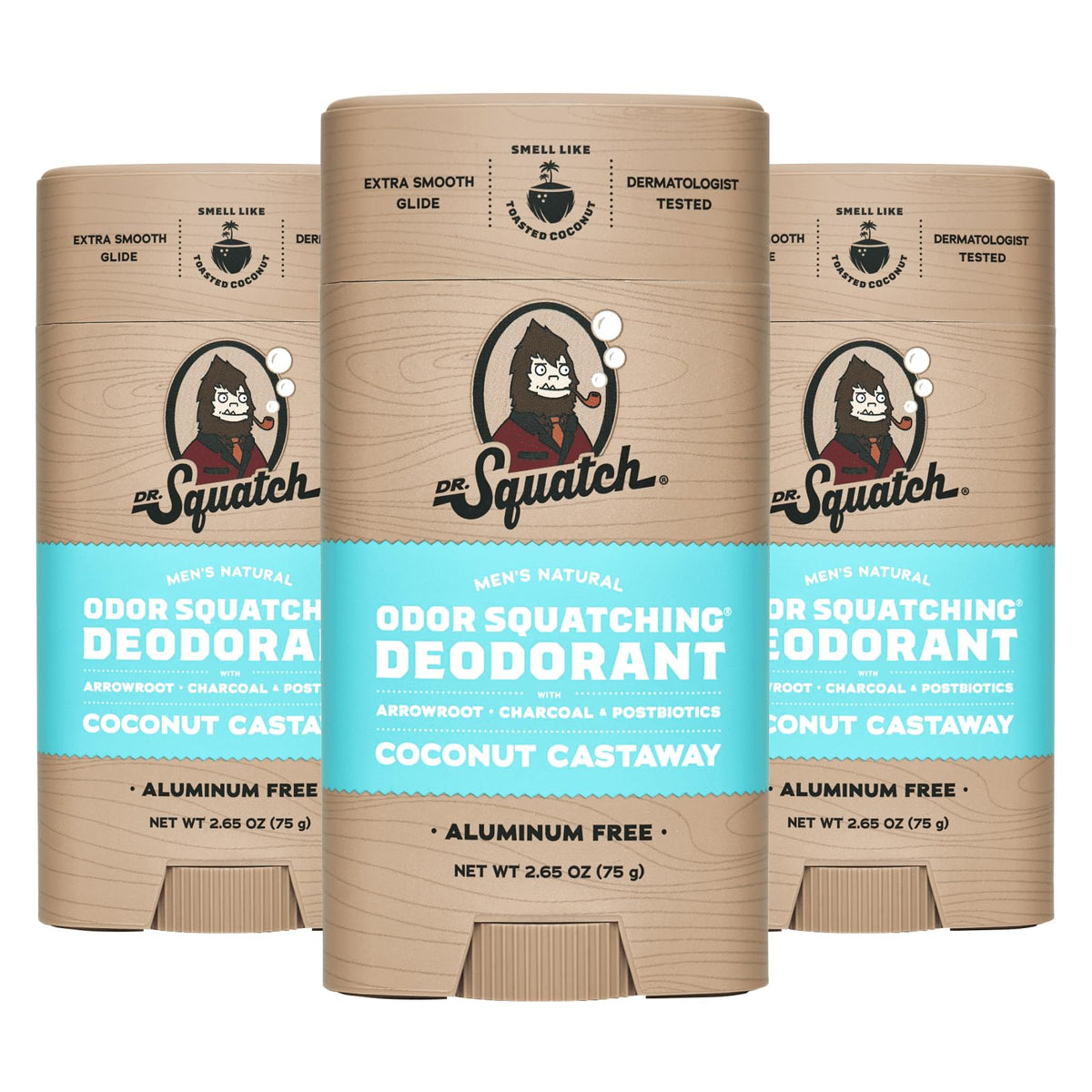 Dr. Squatch Coconut Castaway packaging shows three aluminum-free sticks for convenient daily use.