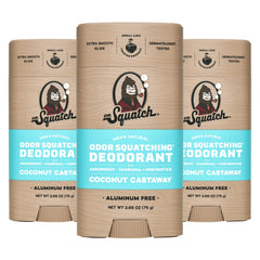 Dr. Squatch Coconut Castaway packaging shows three aluminum-free sticks for convenient daily use.