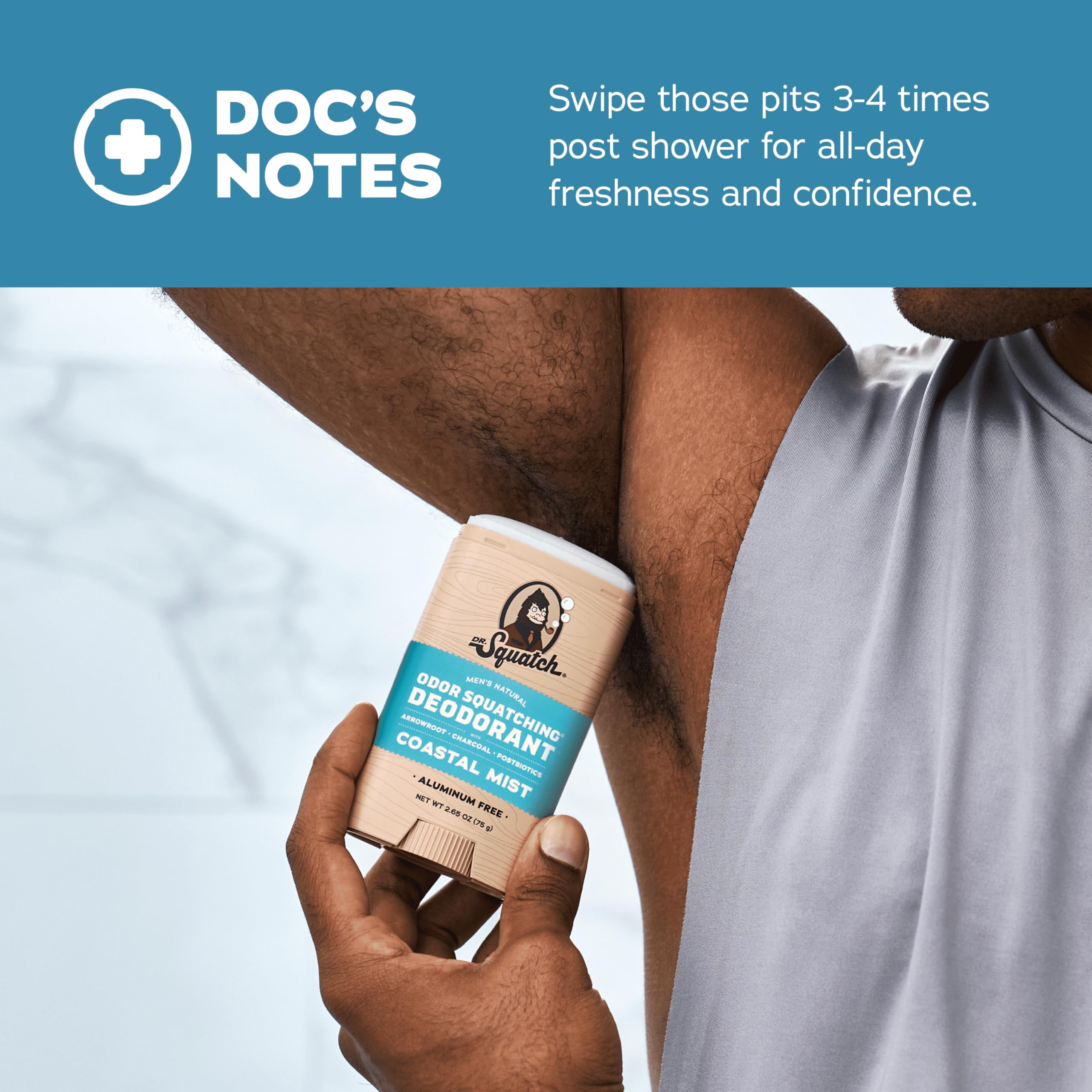 Dr. Squatch deodorant ingredients arrowroot, charcoal, postbiotics signal natural protection.
