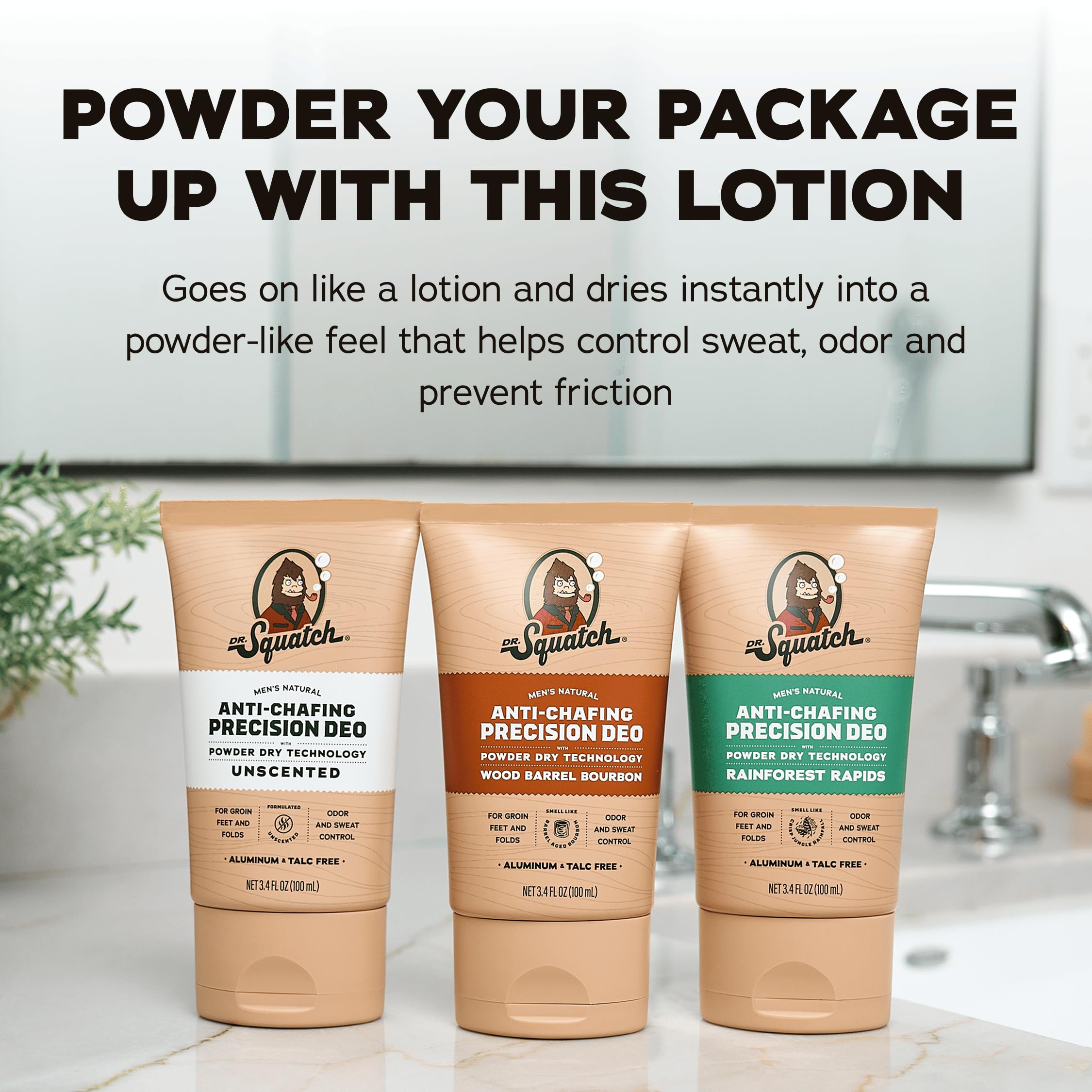 Dr. Squatch dermatologist-tested label indicating skin-type compatibility.