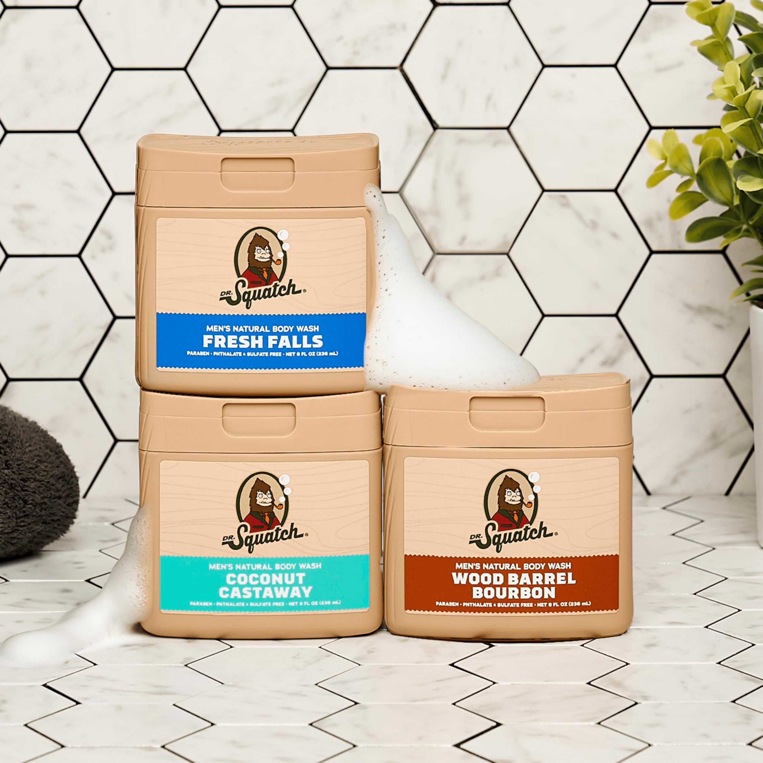 Dr. Squatch dermatologist-tested seal shown with gentle, allergen-free formulation.
