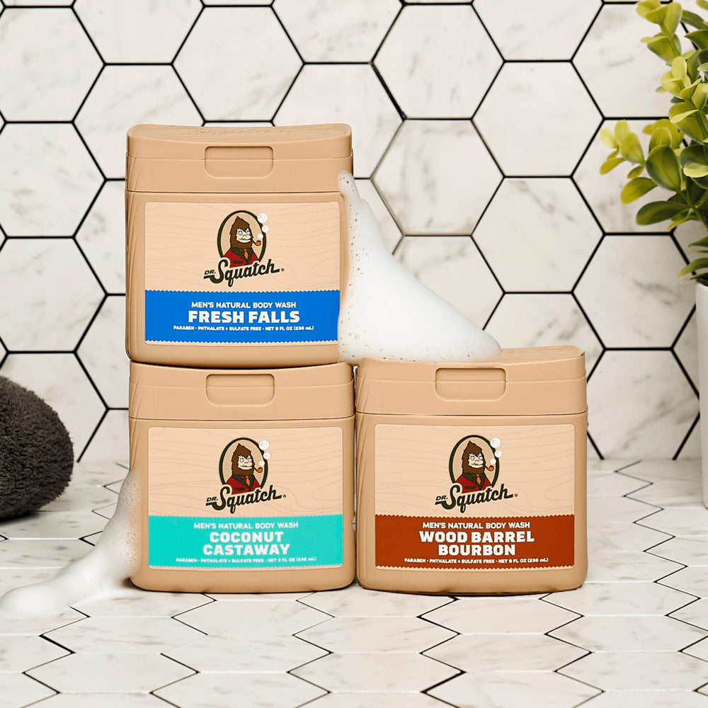 Dr. Squatch dermatologist-tested seal shown with gentle, allergen-free formulation.