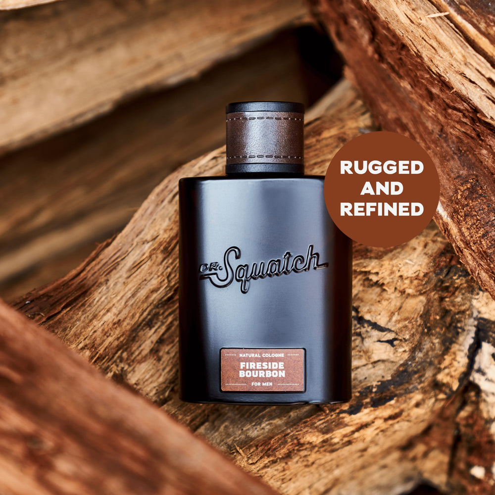 Dr. Squatch Fireside Bourbon Cologne woodsy note scene evokes warm aroma.