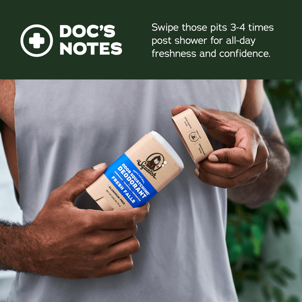 Dr. Squatch Fresh Falls deodorant bottle emphasizes natural scent and all-day freshness.
