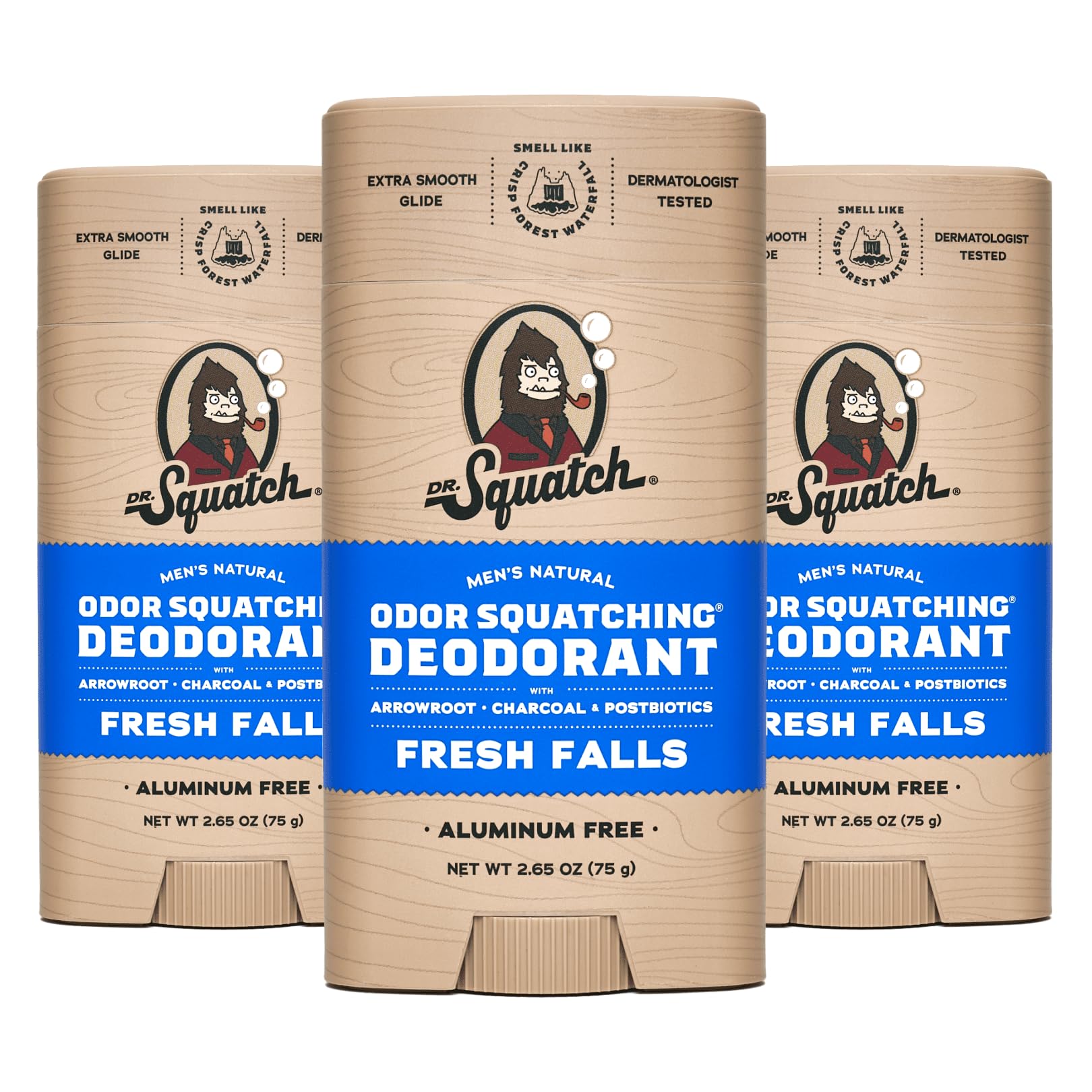 Dr. Squatch Fresh Falls deodorant bottle offers aluminum-free protection for daily use.