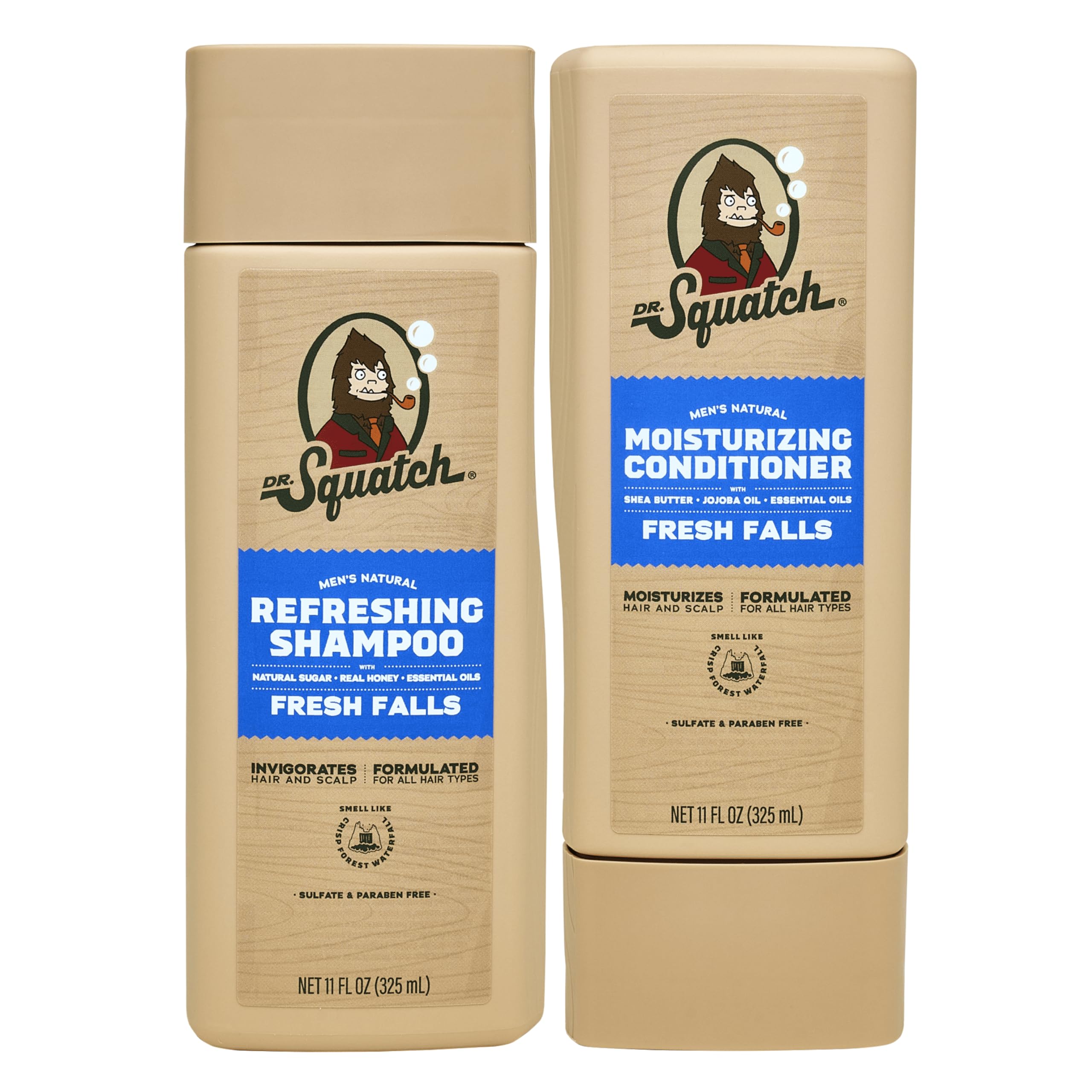 Dr. Squatch Fresh Falls shampoo bottle highlighting natural ingredients for refreshed hair
