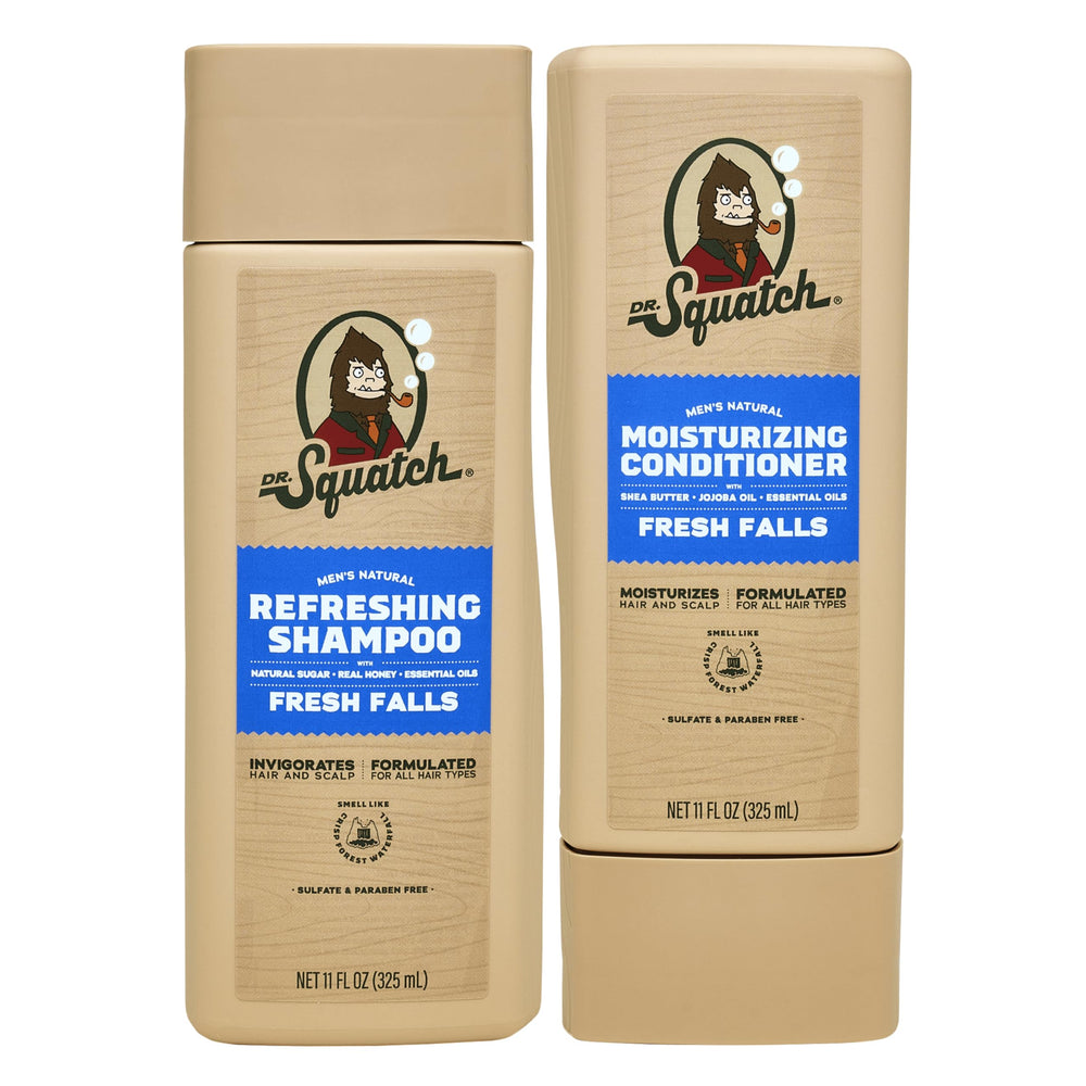 Dr. Squatch Fresh Falls shampoo bottle highlighting natural ingredients for refreshed hair
