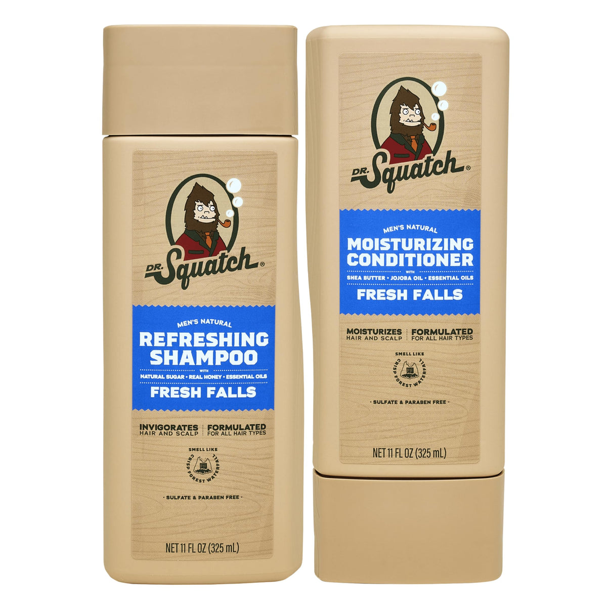 Dr. Squatch Fresh Falls shampoo bottle highlighting natural ingredients for refreshed hair