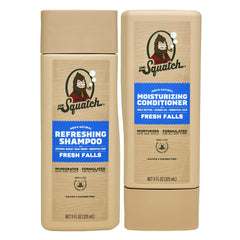 Dr. Squatch Fresh Falls shampoo bottle highlighting natural ingredients for refreshed hair