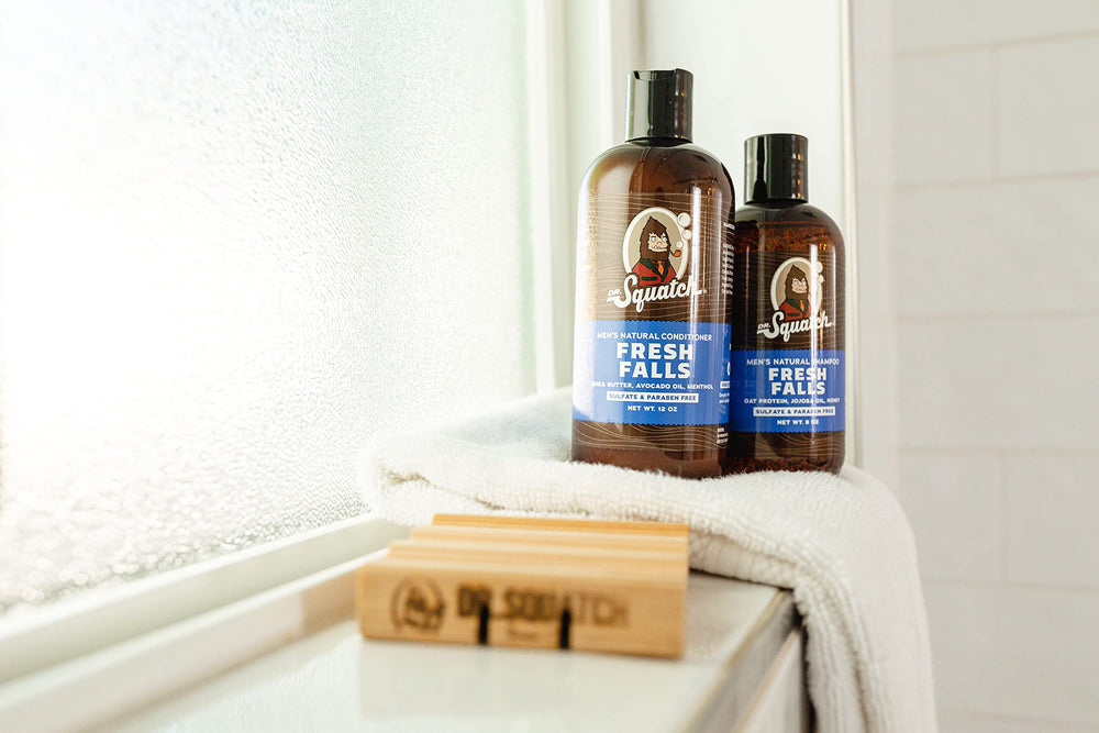 Dr. Squatch Fresh Falls shampoo packaging emphasizes rugged style and eco-friendly design.
