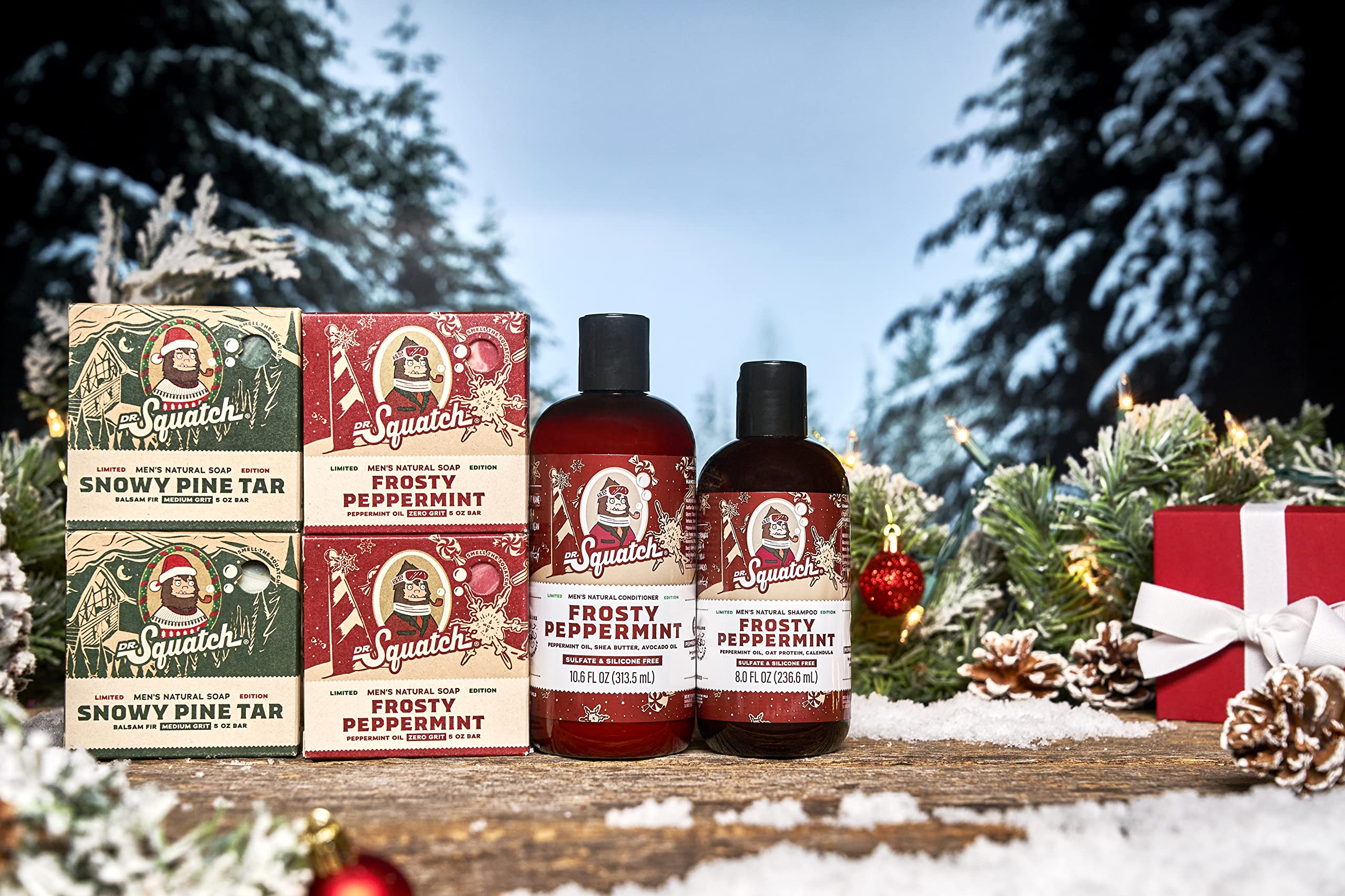 Dr. Squatch Frosty Peppermint soap bars deliver a refreshing cleanse with cooling aroma.