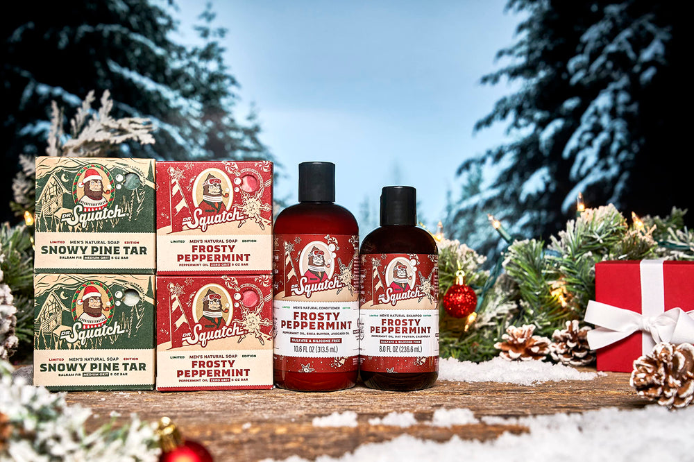 Dr. Squatch Frosty Peppermint soap bars deliver a refreshing cleanse with cooling aroma.