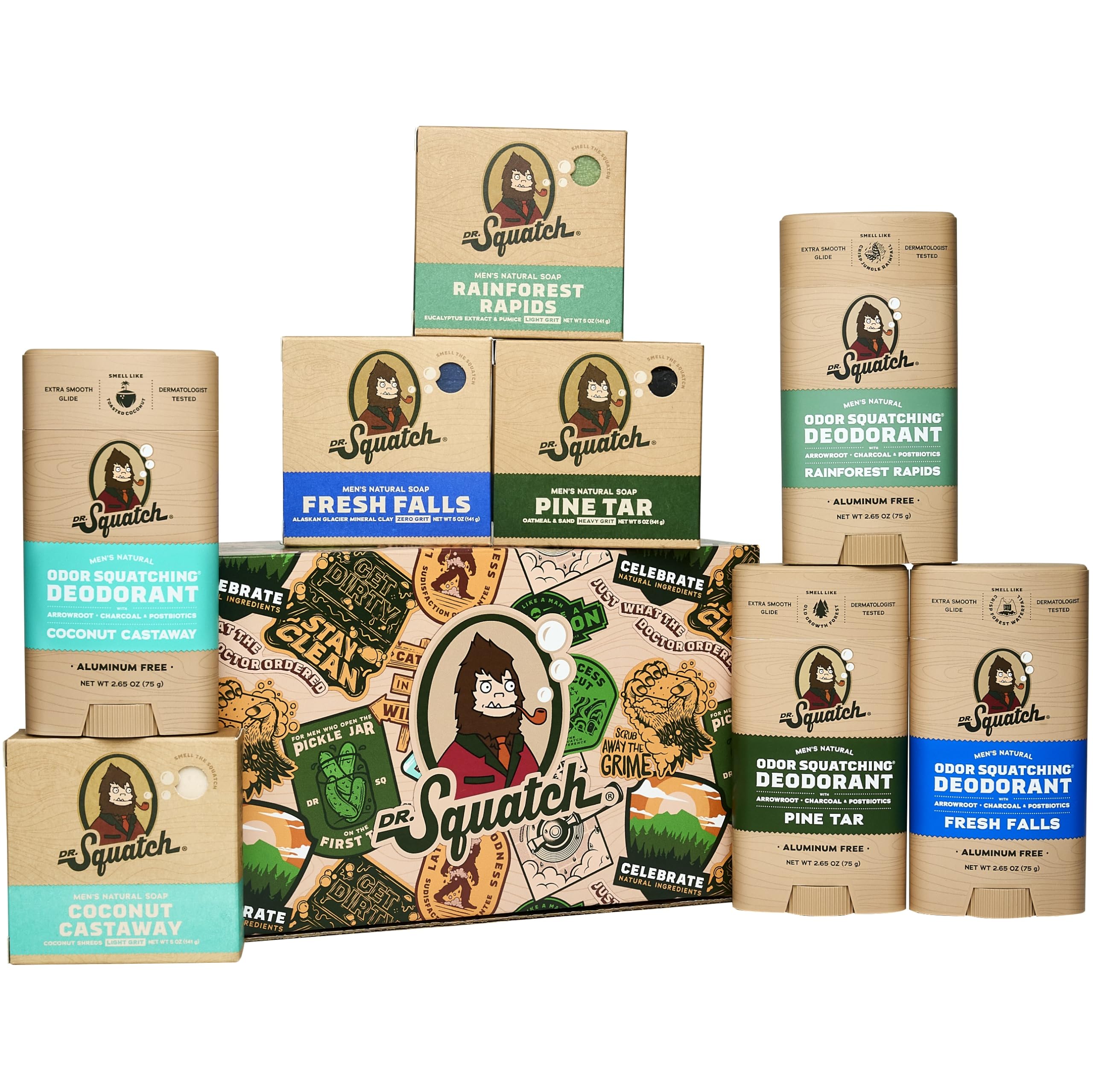Dr. Squatch holiday bundle box with four soaps and aluminum-free deodorants for gifting