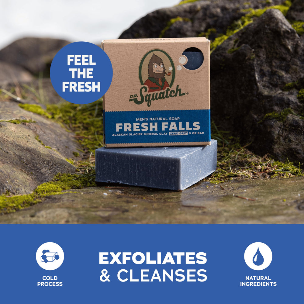 Dr. Squatch kaolin clay exfoliation feature promotes refreshed skin after use.