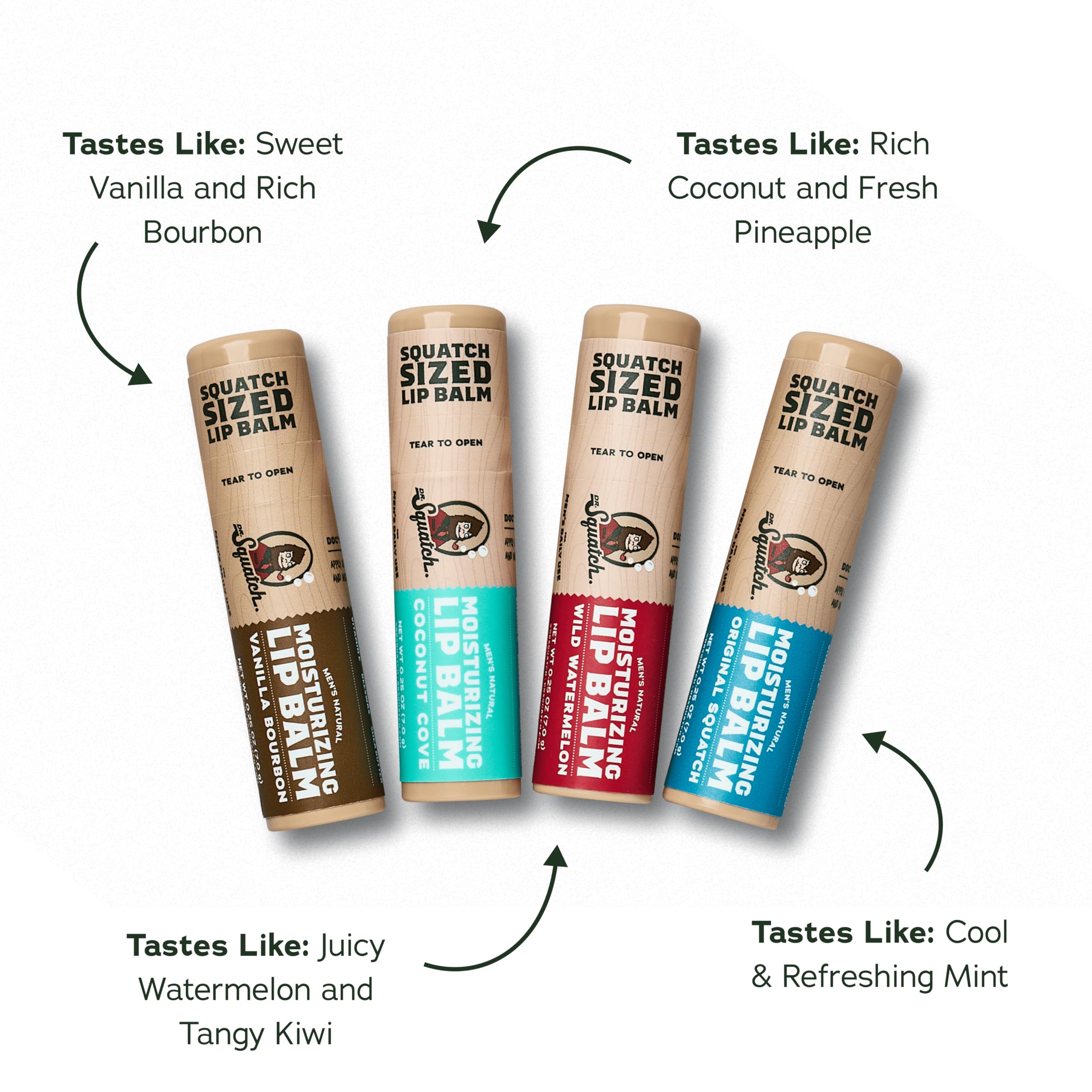Packaging close-up highlighting the Squatch-sized lip balm tube.