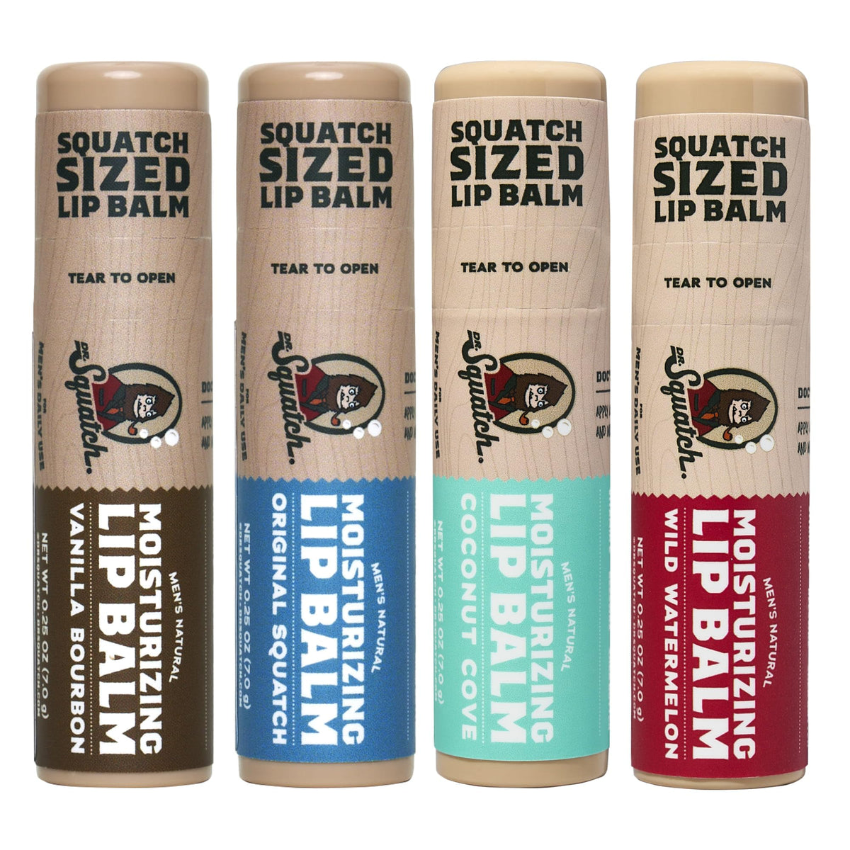 Dr. Squatch Vanilla Bourbon lip balm in squat-sized pack for long-lasting moisture.