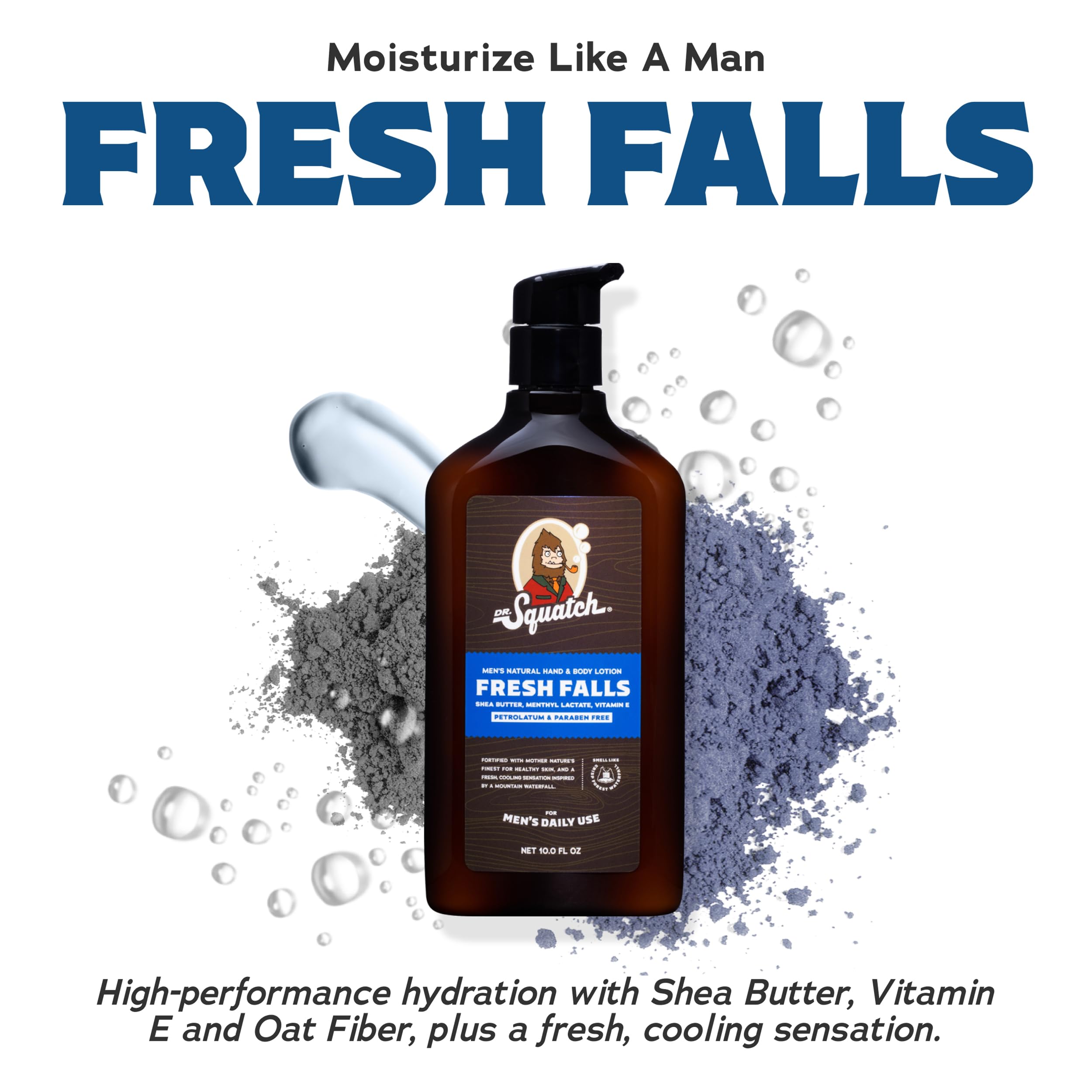 Dr. Squatch lotion bottle dispense showing quick-absorb, non-greasy hydration.