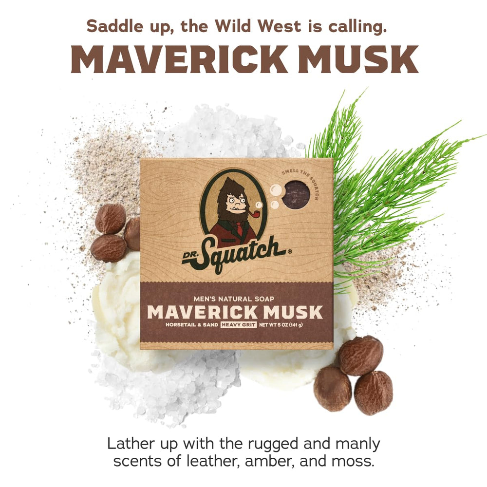 Dr. Squatch Maverick Musk closeup of ingredients with nourishing oils and Kaolin clay.