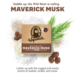 Dr. Squatch Maverick Musk closeup of ingredients with nourishing oils and Kaolin clay.