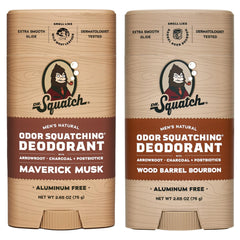 Dr. Squatch Maverick Musk deodorant bottle shows aluminum-free protection for daily wear.