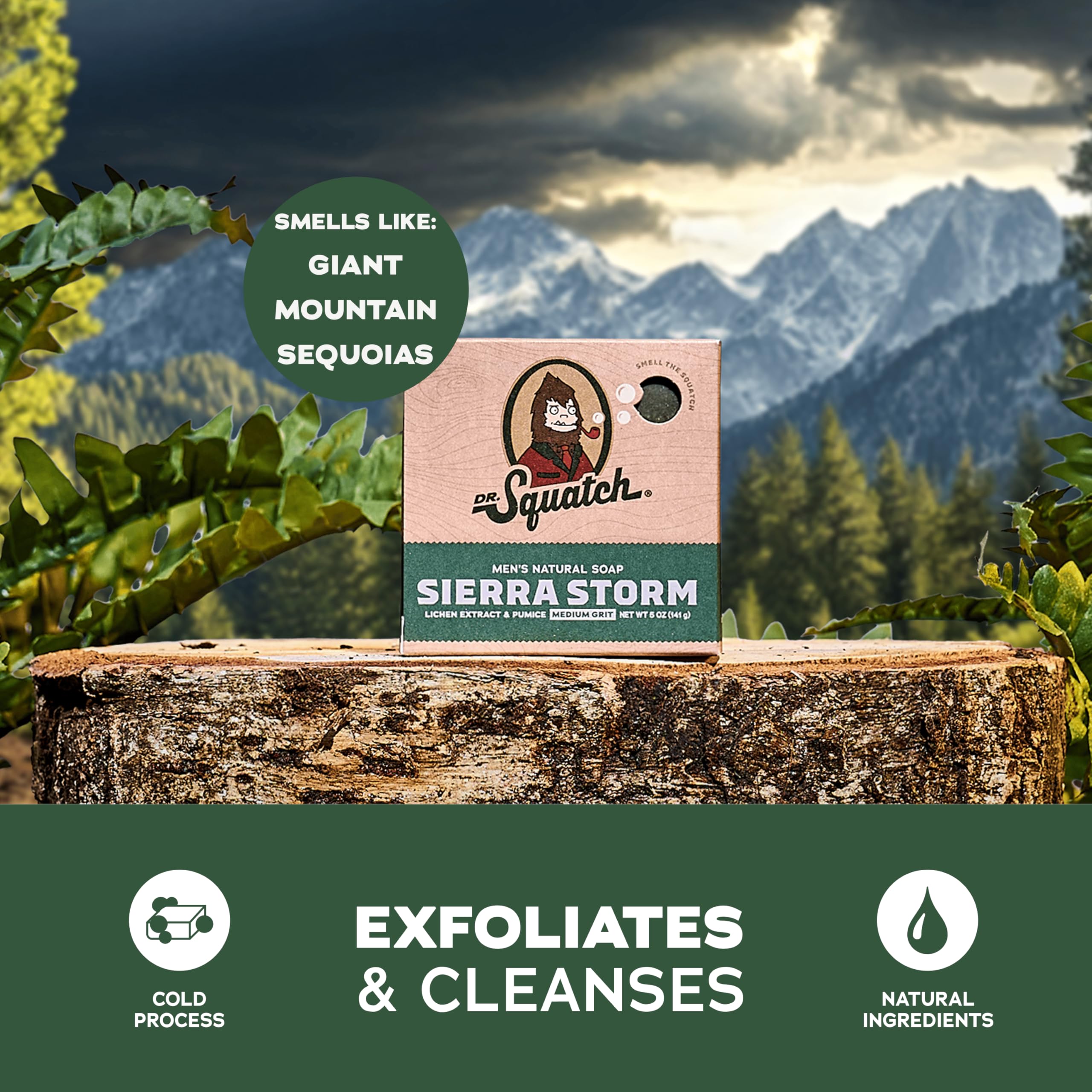 Dr. Squatch Sierra Storm natural cold process USA badge signals traditional craft and gentle cleansing.
