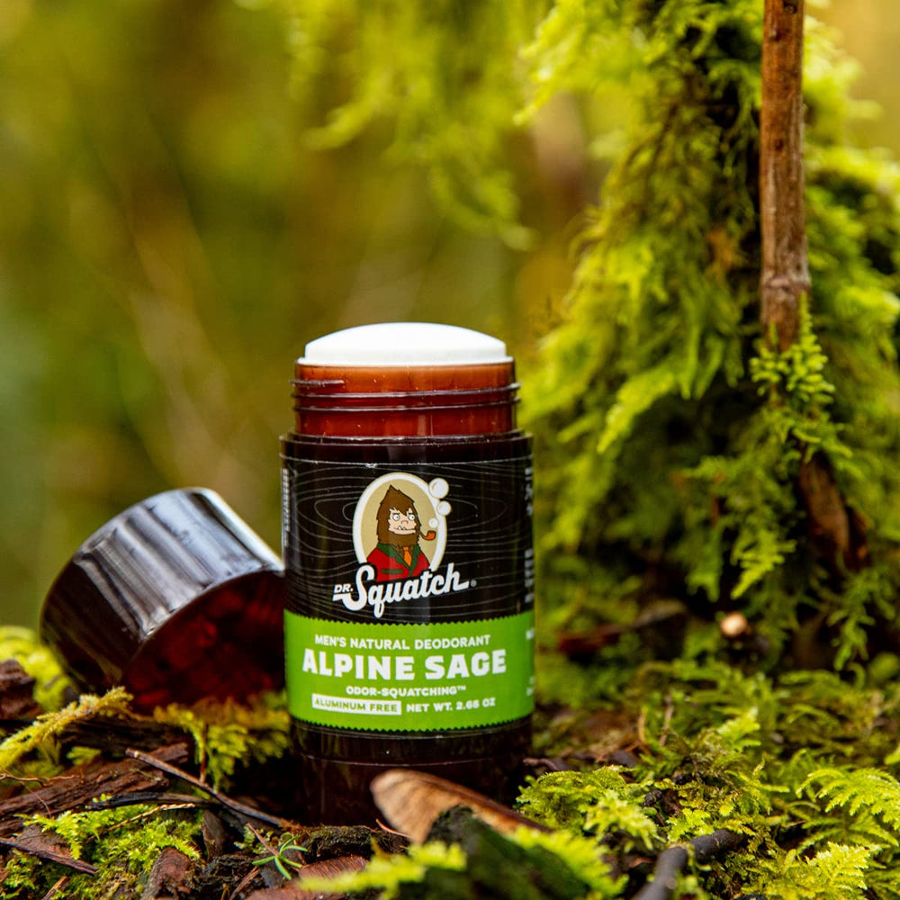 Dr. Squatch natural deodorant ingredients panel showcasing plant-based, skin-friendly formula.