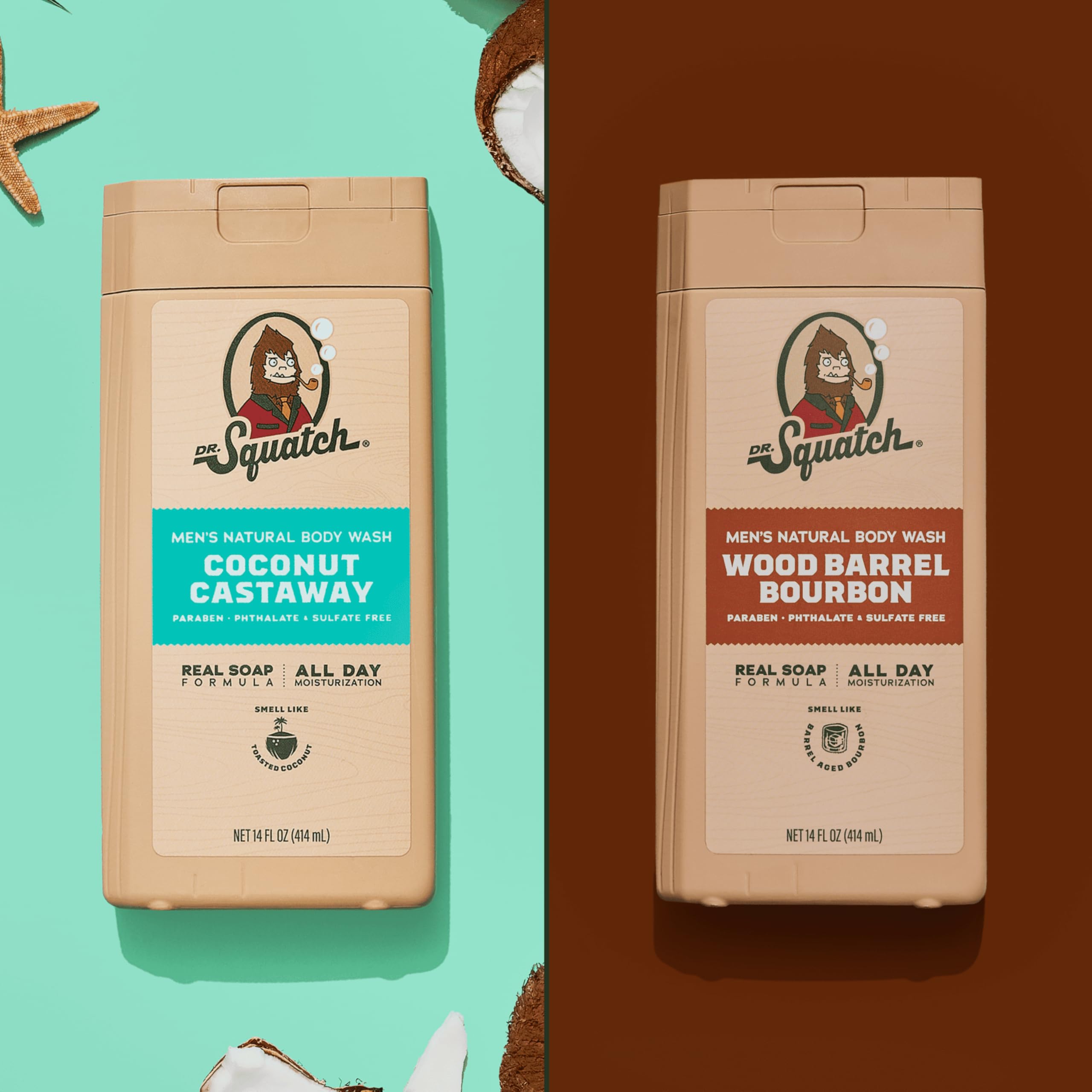 Dr. Squatch New Body Wash label details show paraben- and sulfate-free formula.