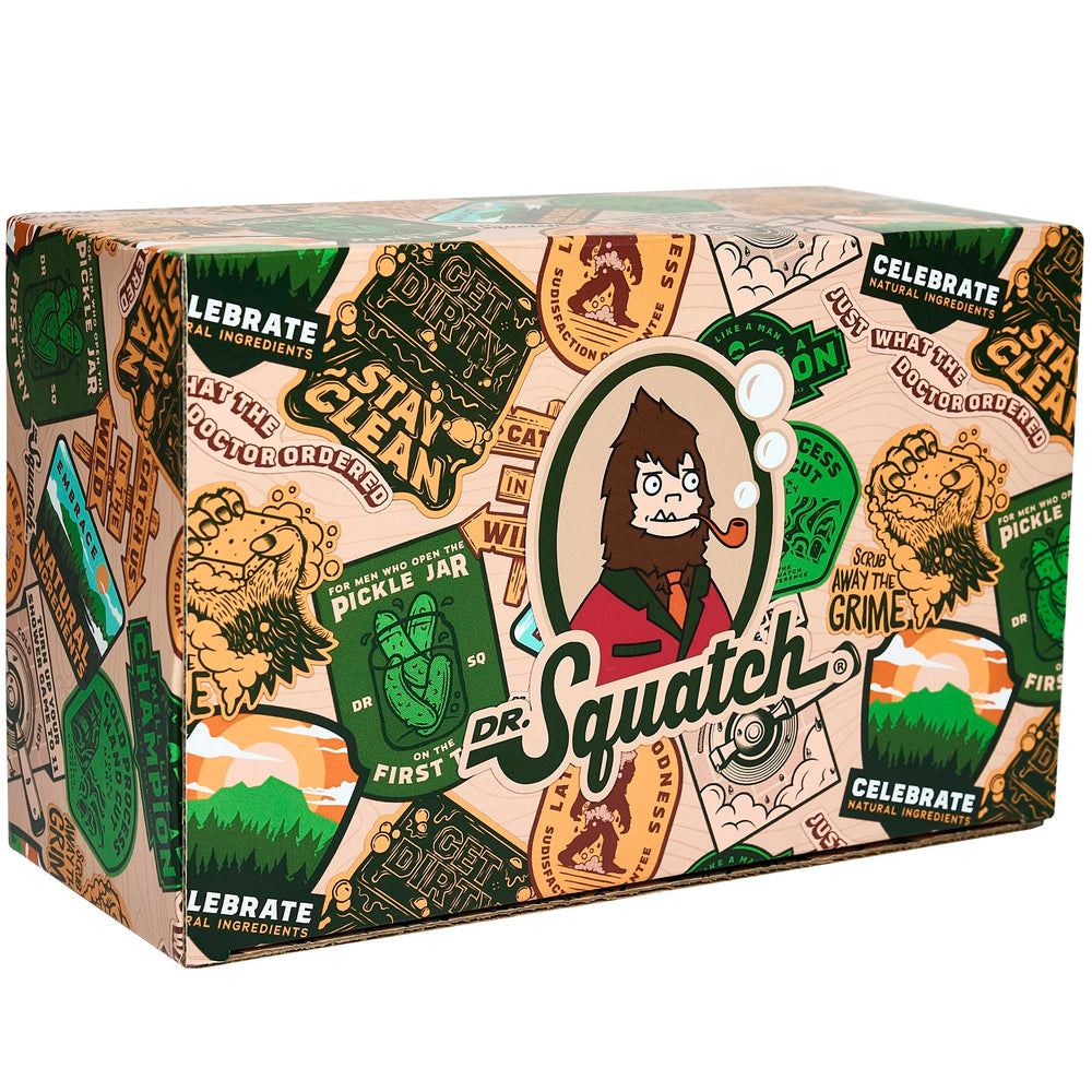 Dr. Squatch packaging wrapped gift highlighting premium gift presentation