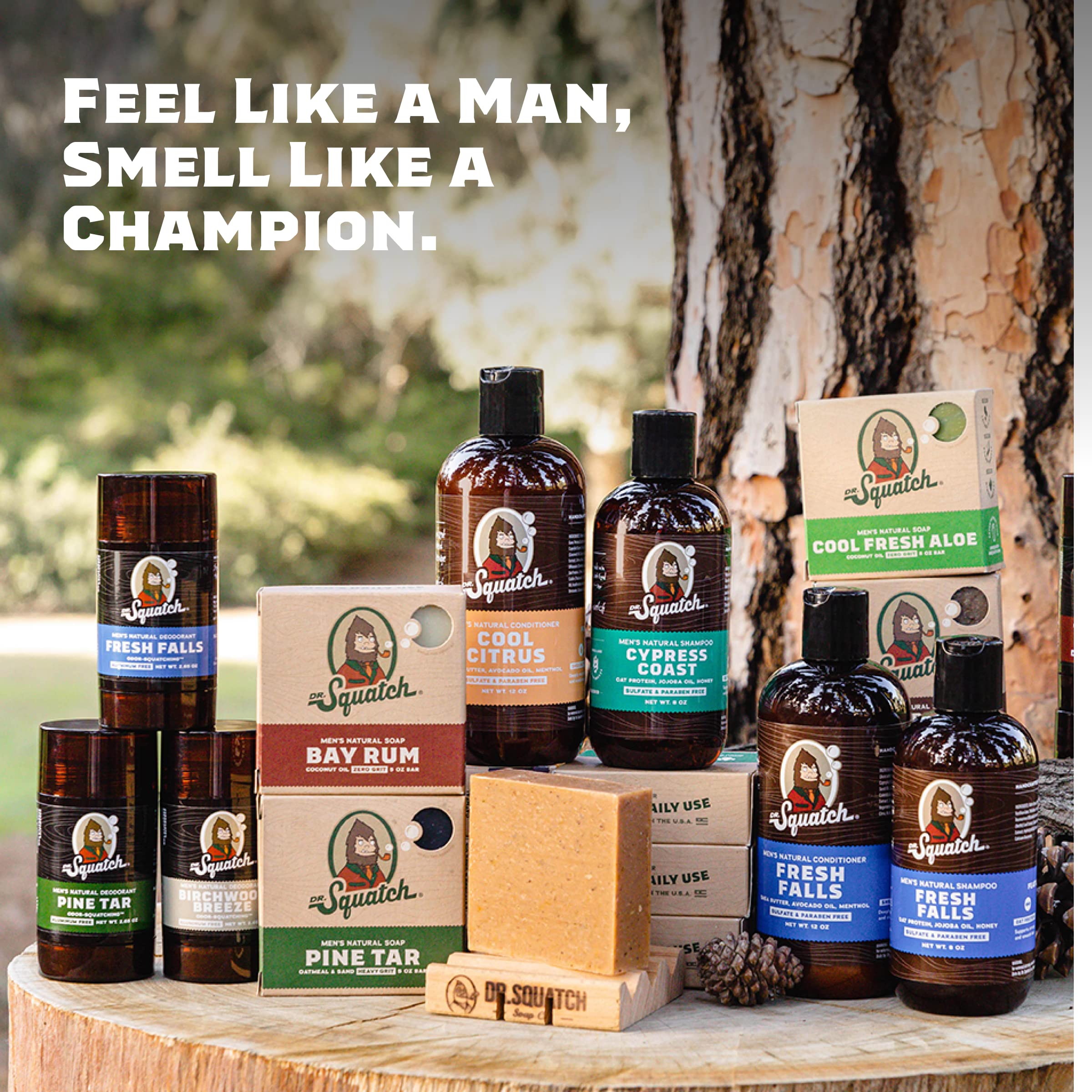 Dr. Squatch Pine Tar soap on shelf display signals rugged grooming appeal
