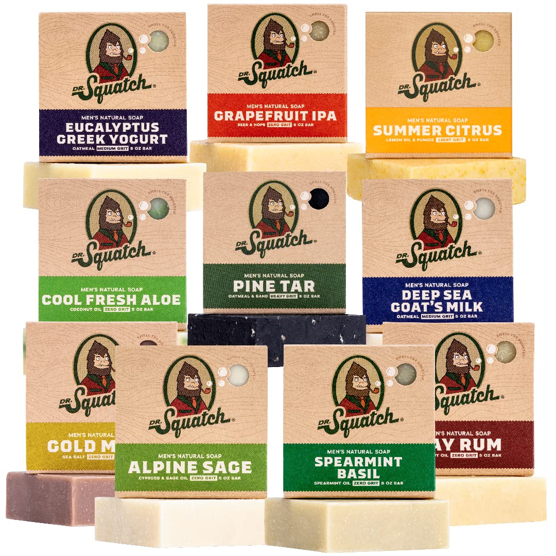 Dr. Squatch Pine Tar bar soap for rugged scent and deep-clean feel.