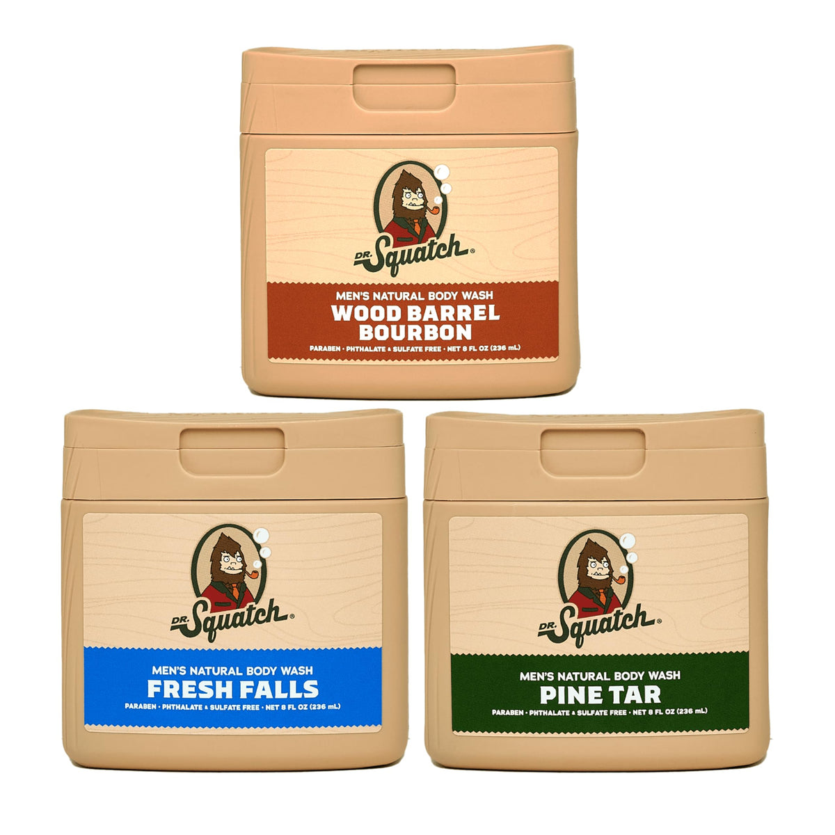 Dr. Squatch Pine Tar body wash bottle with bold label for all-day moisture.