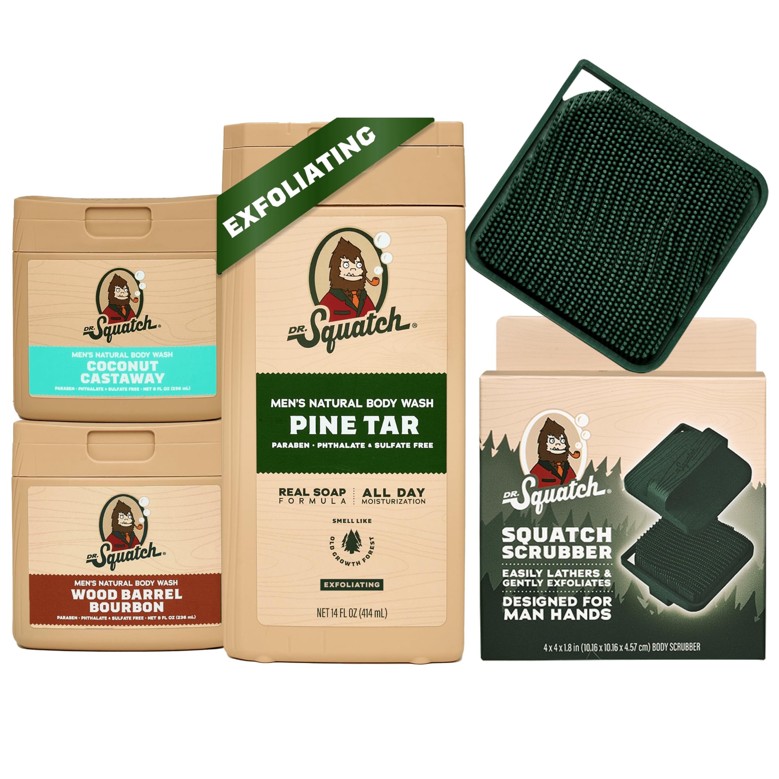 Dr. Squatch Pine Tar bottle shows natural formula for clean, refreshing skin