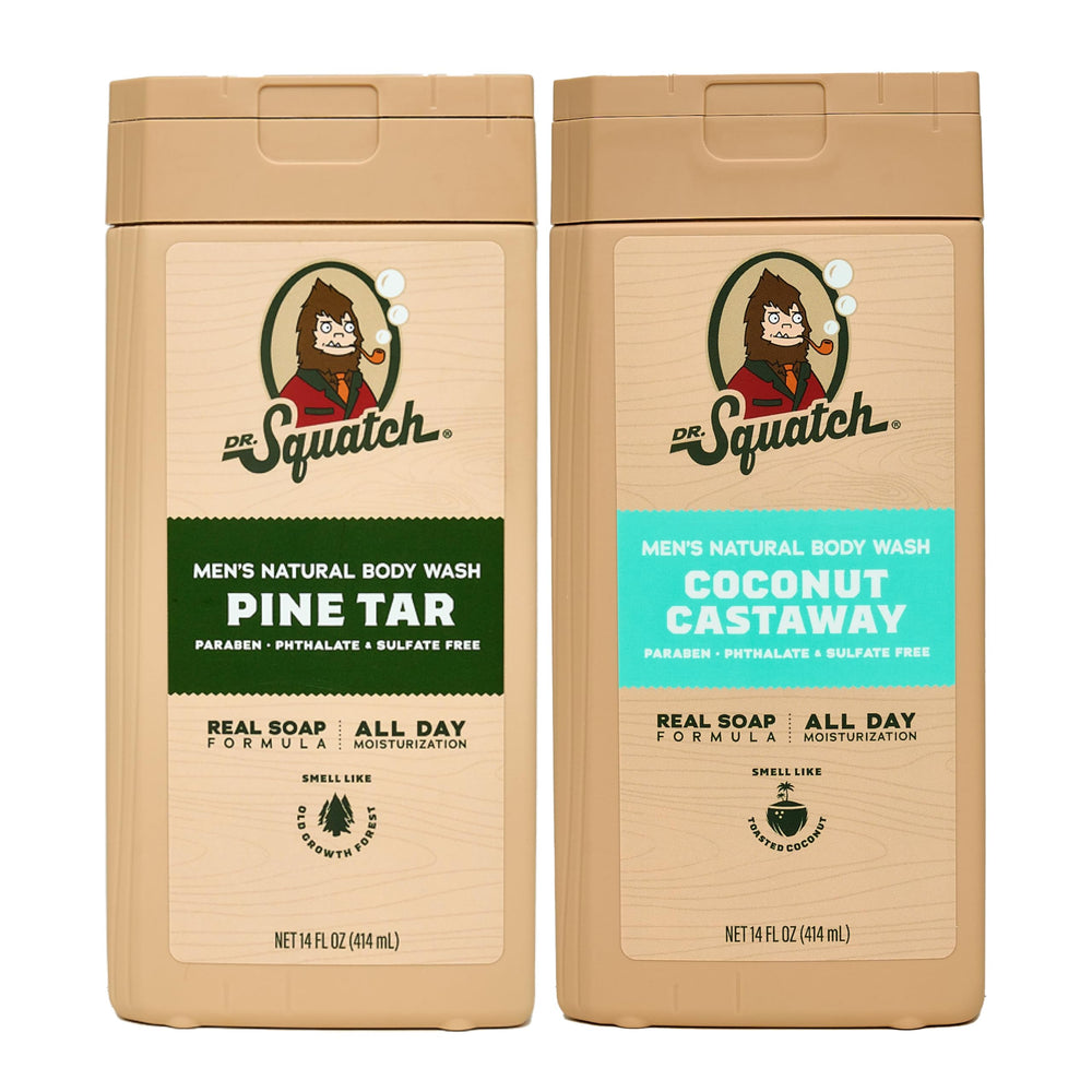 Dr. Squatch Pine Tar Coconut Castaway bottle front promotes all-day moisture.
