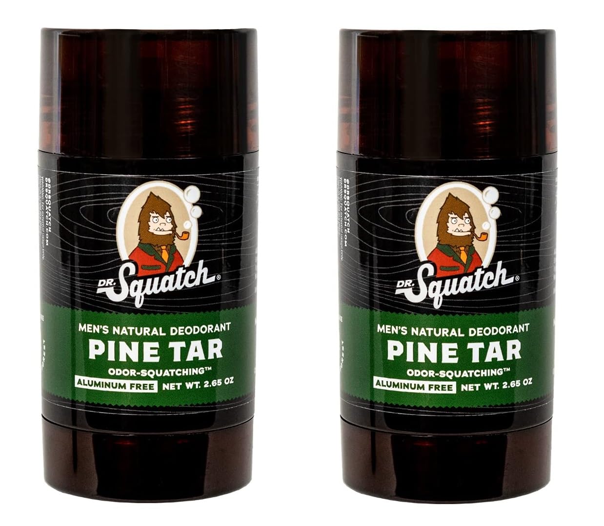 Dr. Squatch Pine Tar Deodorant 2-pack front shows aluminum-free protection and rugged style.