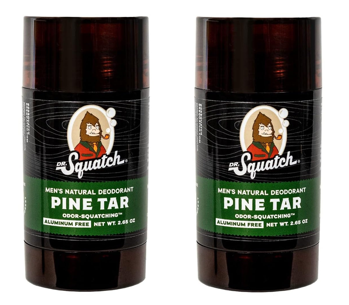 Dr. Squatch Pine Tar Deodorant 2-pack front shows aluminum-free protection and rugged style.