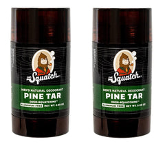 Dr. Squatch Pine Tar Deodorant 2-pack front shows aluminum-free protection and rugged style.