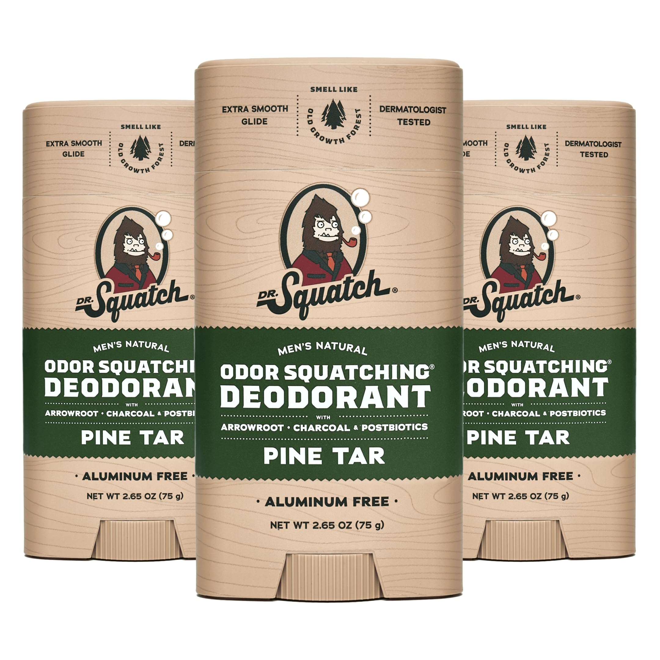 Dr. Squatch Pine Tar deodorant bottle showing aluminum-free protection