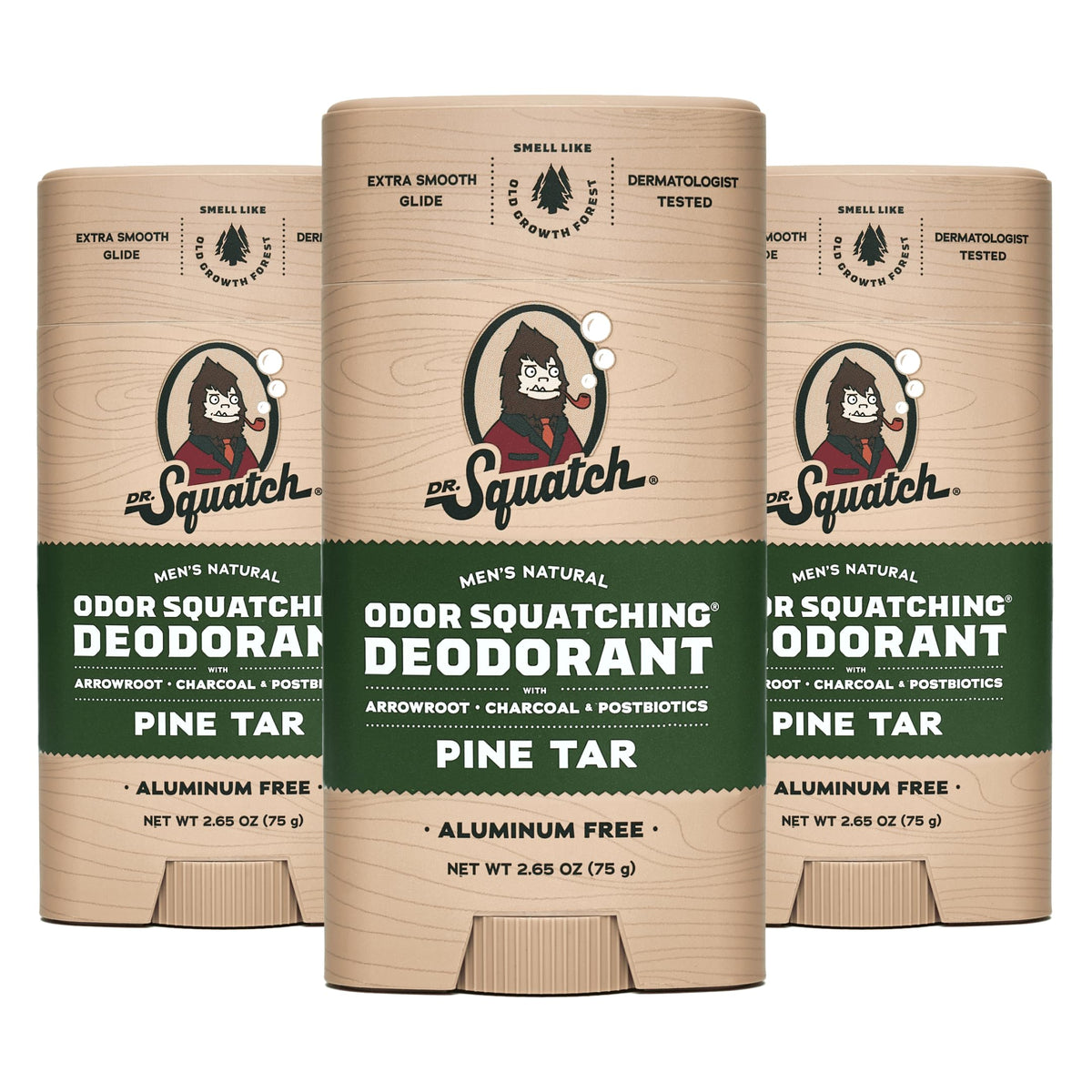 Dr. Squatch Pine Tar deodorant bottle showing aluminum-free protection