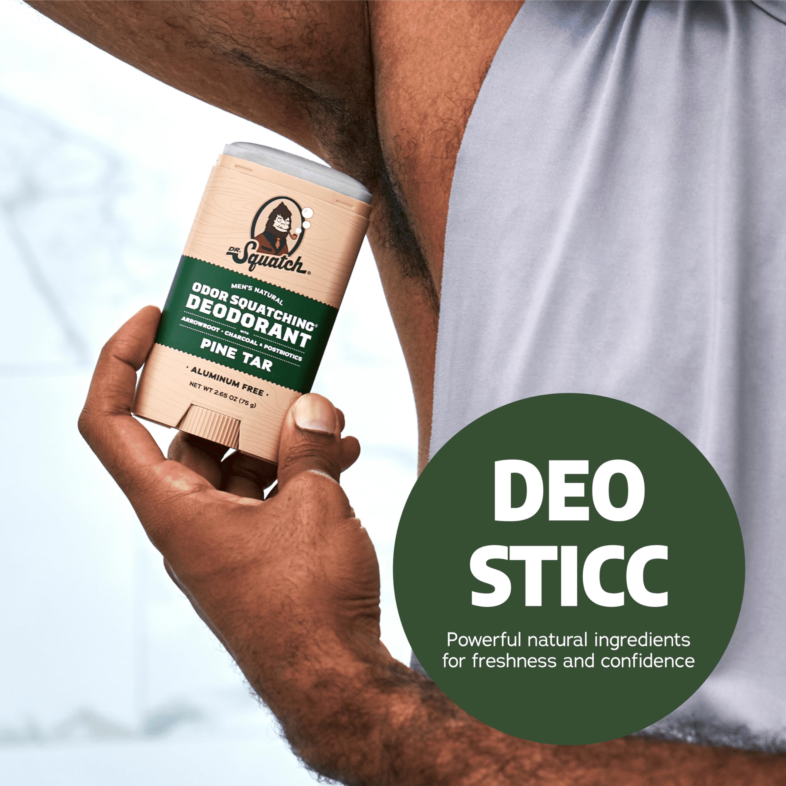 Dr. Squatch Pine Tar deodorant label detail highlighting natural scent