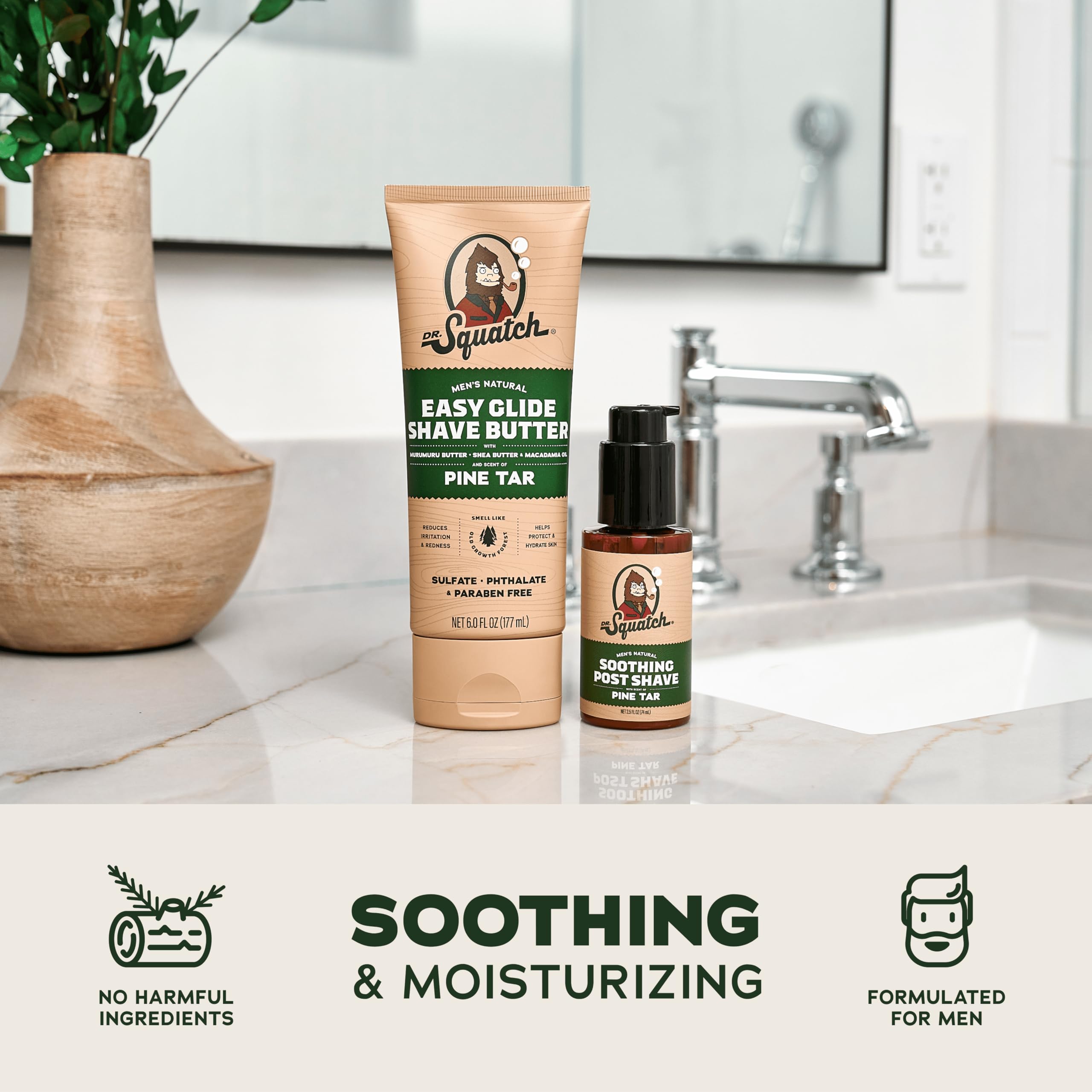 Dr. Squatch Pine Tar fragrance image evoking pine forest freshness during grooming.